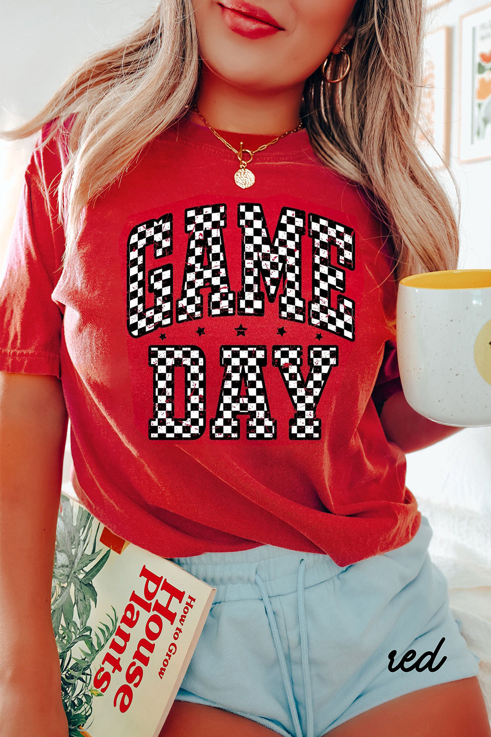 Red Checkered Game Day Heat Transfer Printing Graphic T Shirt