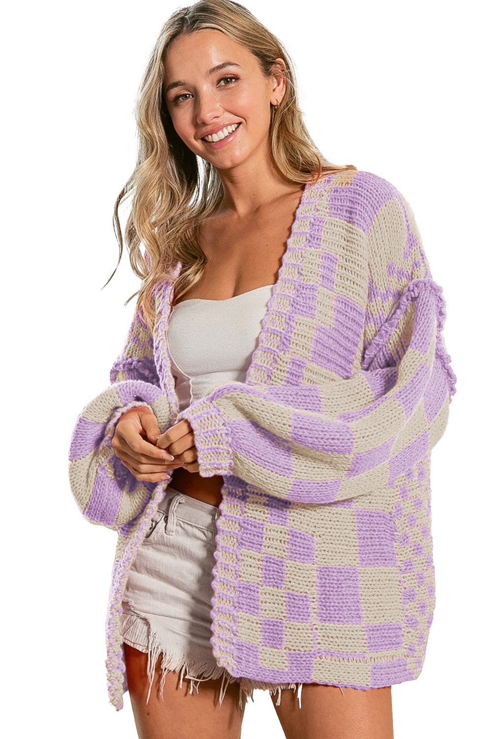 Dark Grey Colorblock Checked Loose Fit Open Front Knitted Cardigan