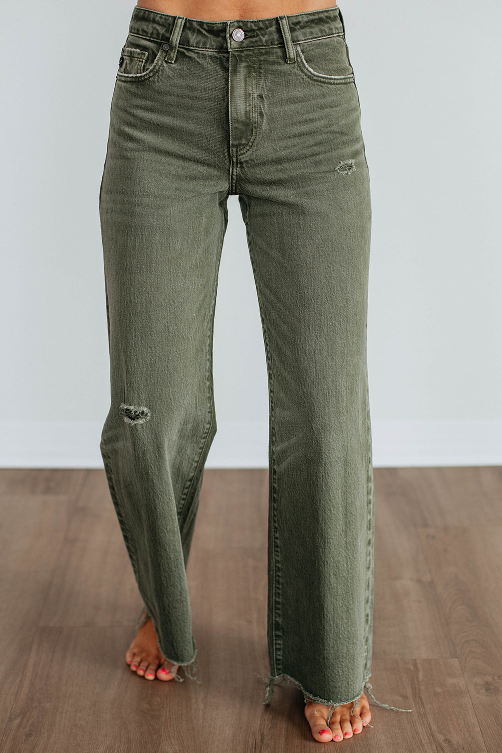 Green Slight Distressed Raw Edge Wide Leg Jeans