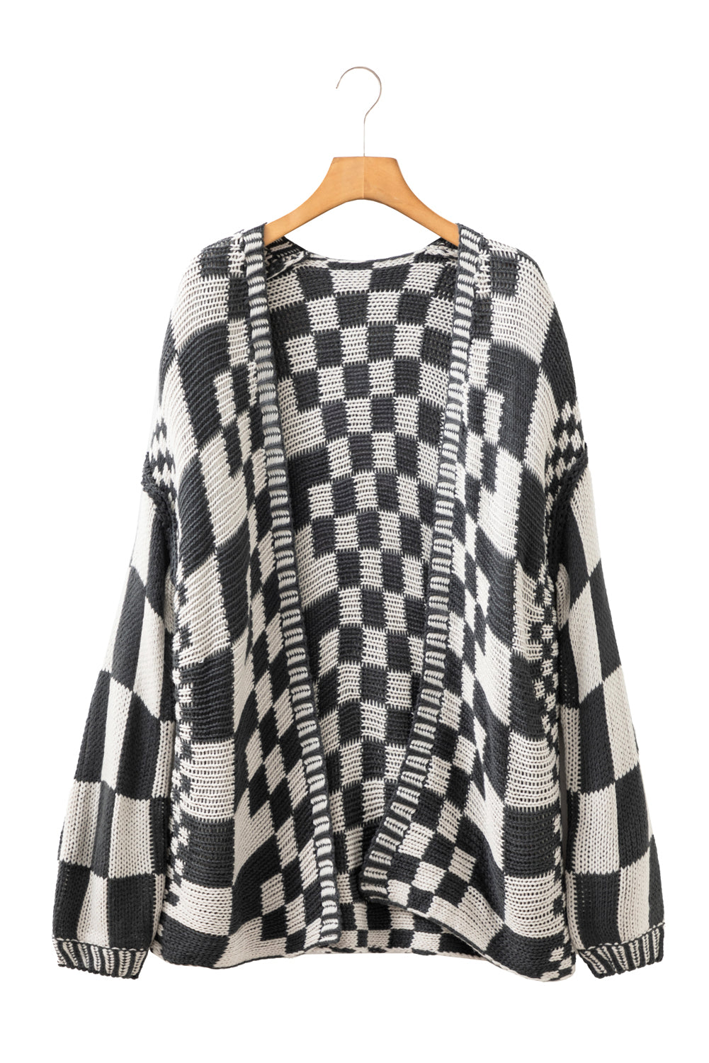 Dark Grey Colorblock Checked Loose Fit Open Front Knitted Cardigan