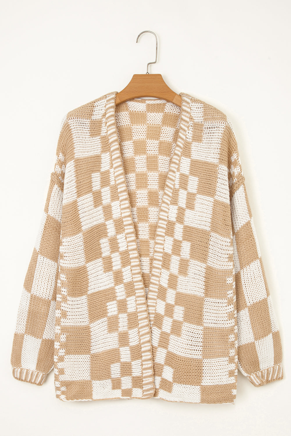 Dark Grey Colorblock Checked Loose Fit Open Front Knitted Cardigan