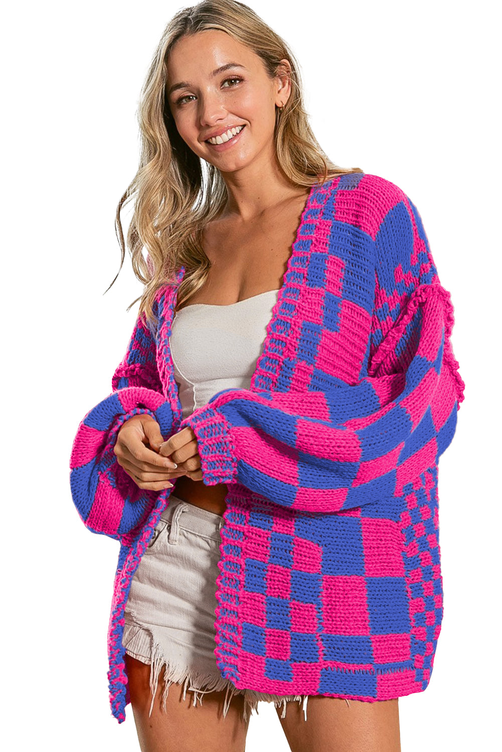 Dark Grey Colorblock Checked Loose Fit Open Front Knitted Cardigan