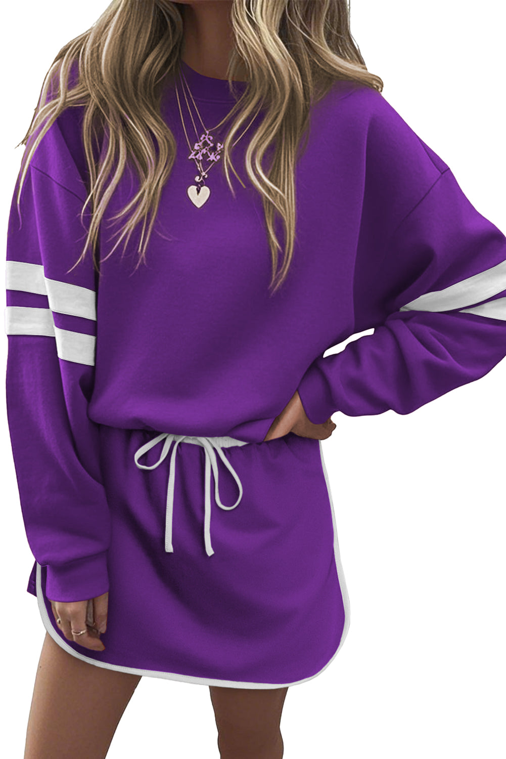 Orange Varsity Stripe Detail Drop Shoulder Pullover Mini Skirt Set