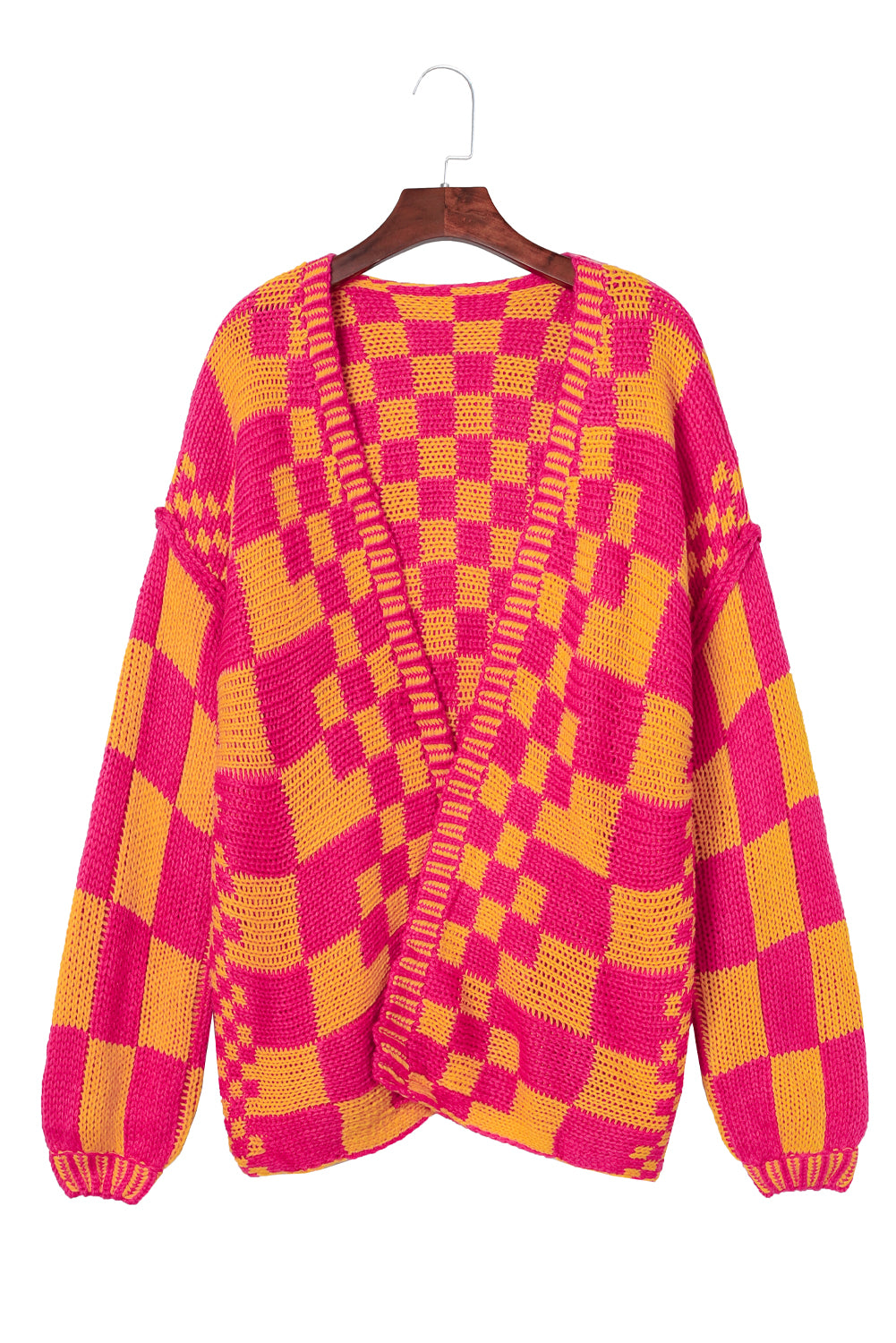 Dark Grey Colorblock Checked Loose Fit Open Front Knitted Cardigan