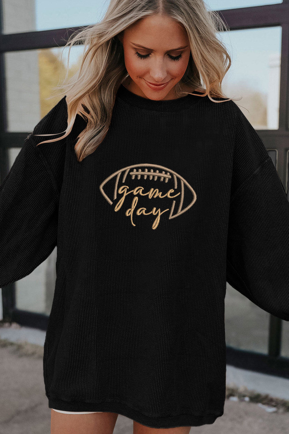Orange Football Graphic Game Day Embroidered Corded Sweatshirt