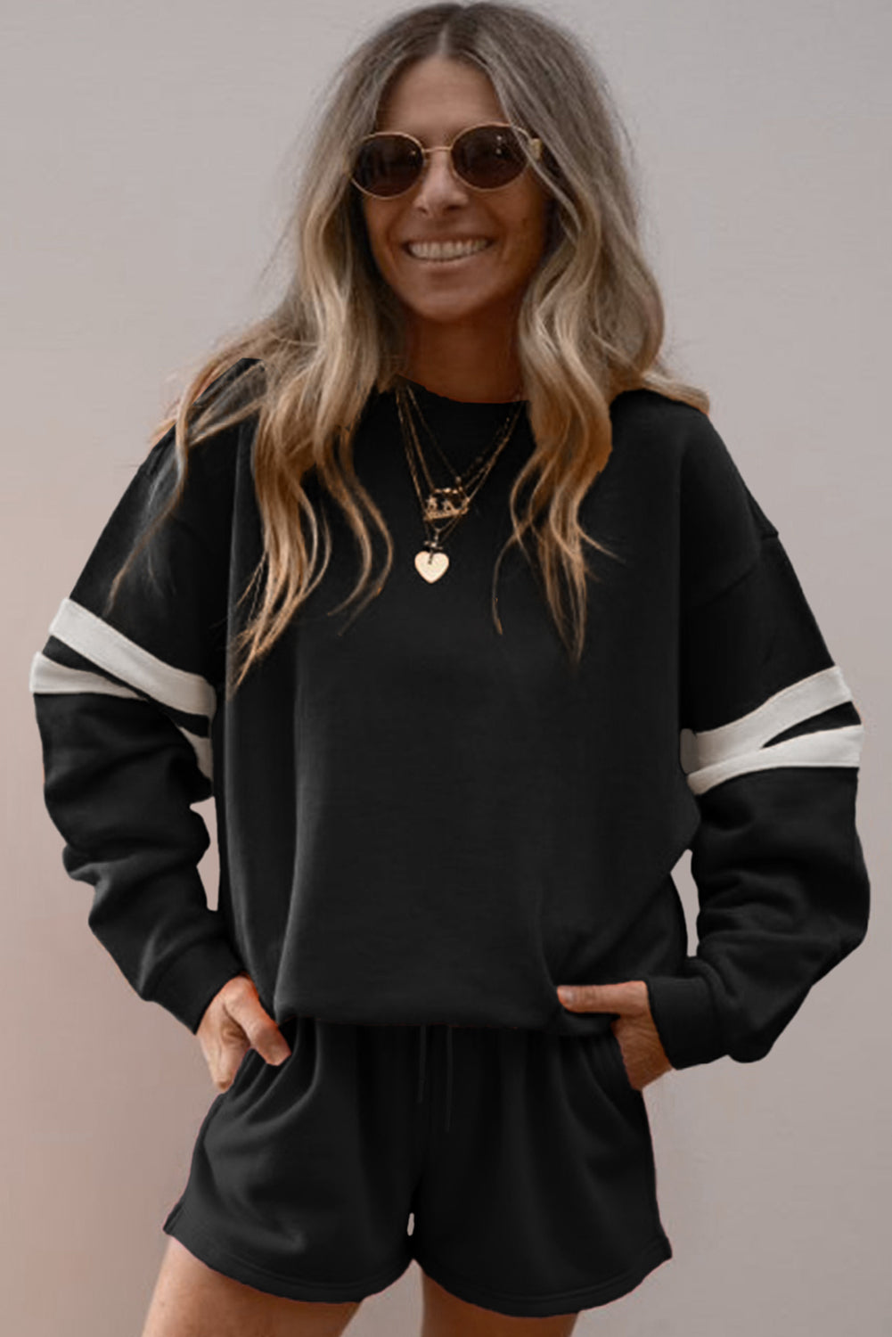 Fiery Red Varsity Striped Sleeve Drop Shoulder Sweatshirt and Shorts Set