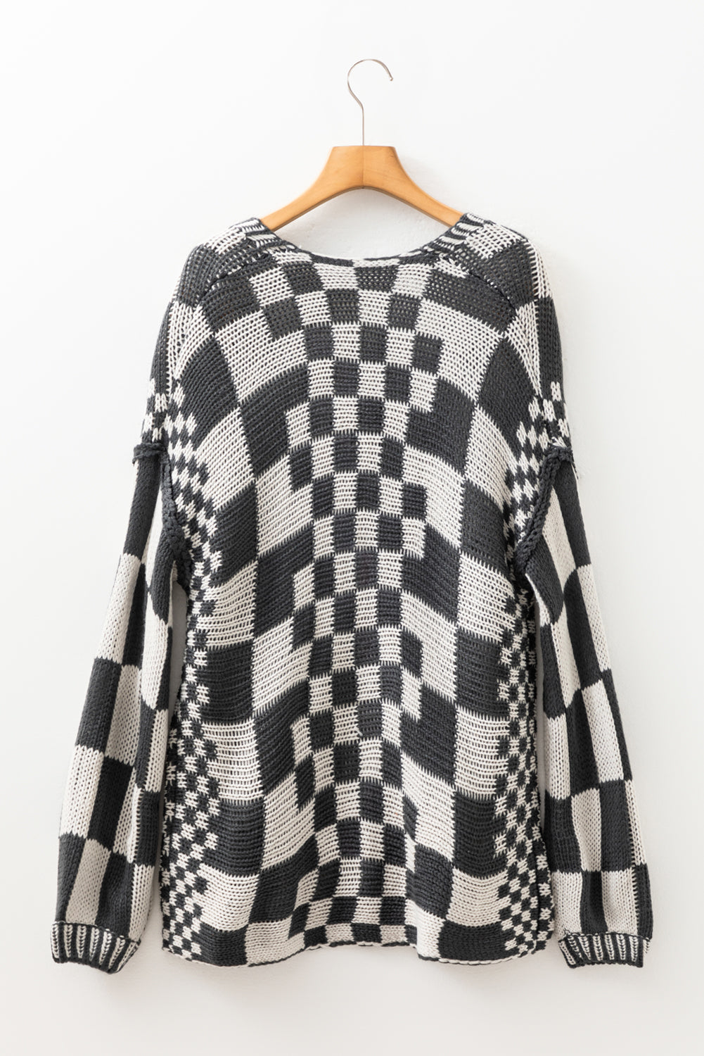 Dark Grey Colorblock Checked Loose Fit Open Front Knitted Cardigan