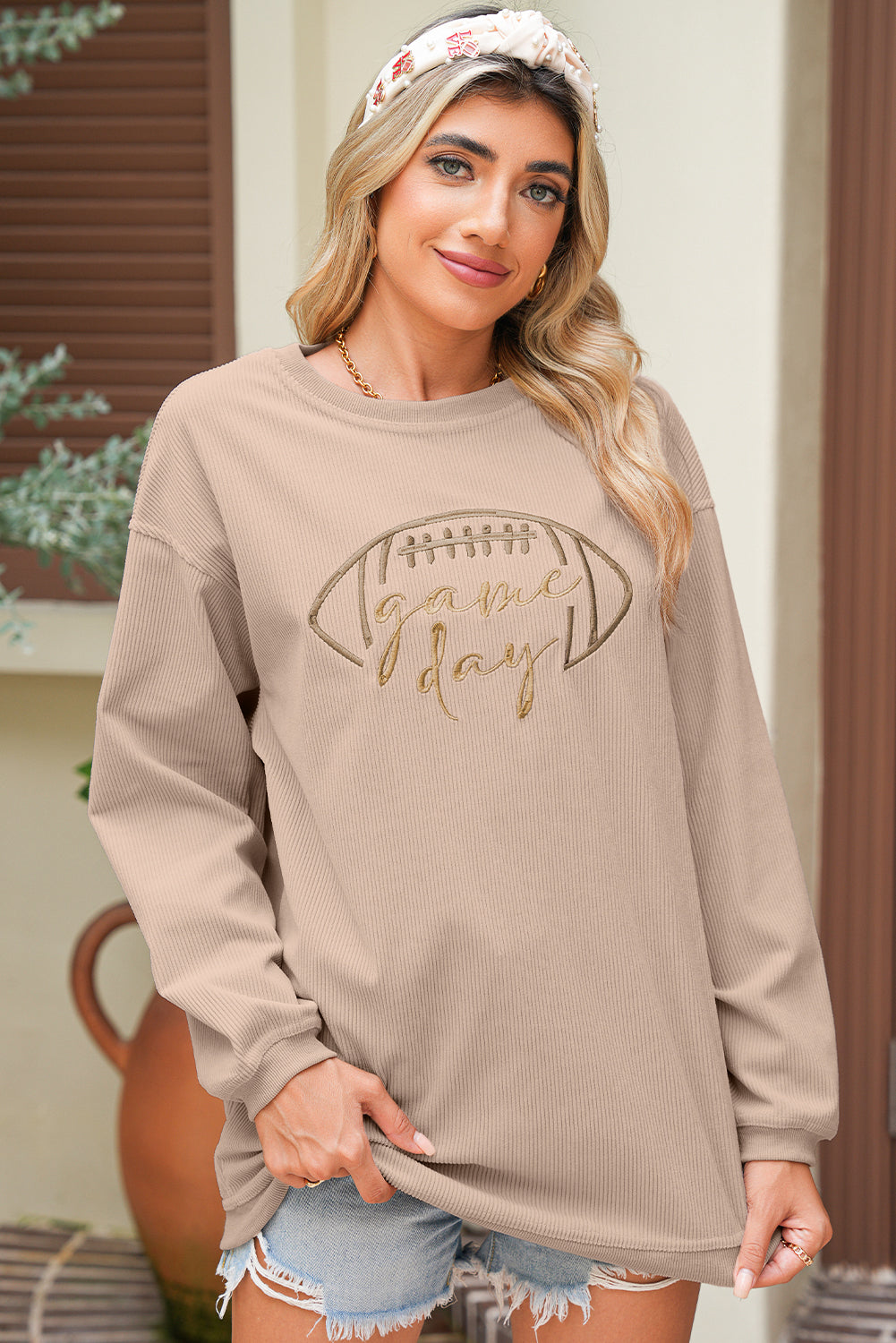 Orange Football Graphic Game Day Embroidered Corded Sweatshirt