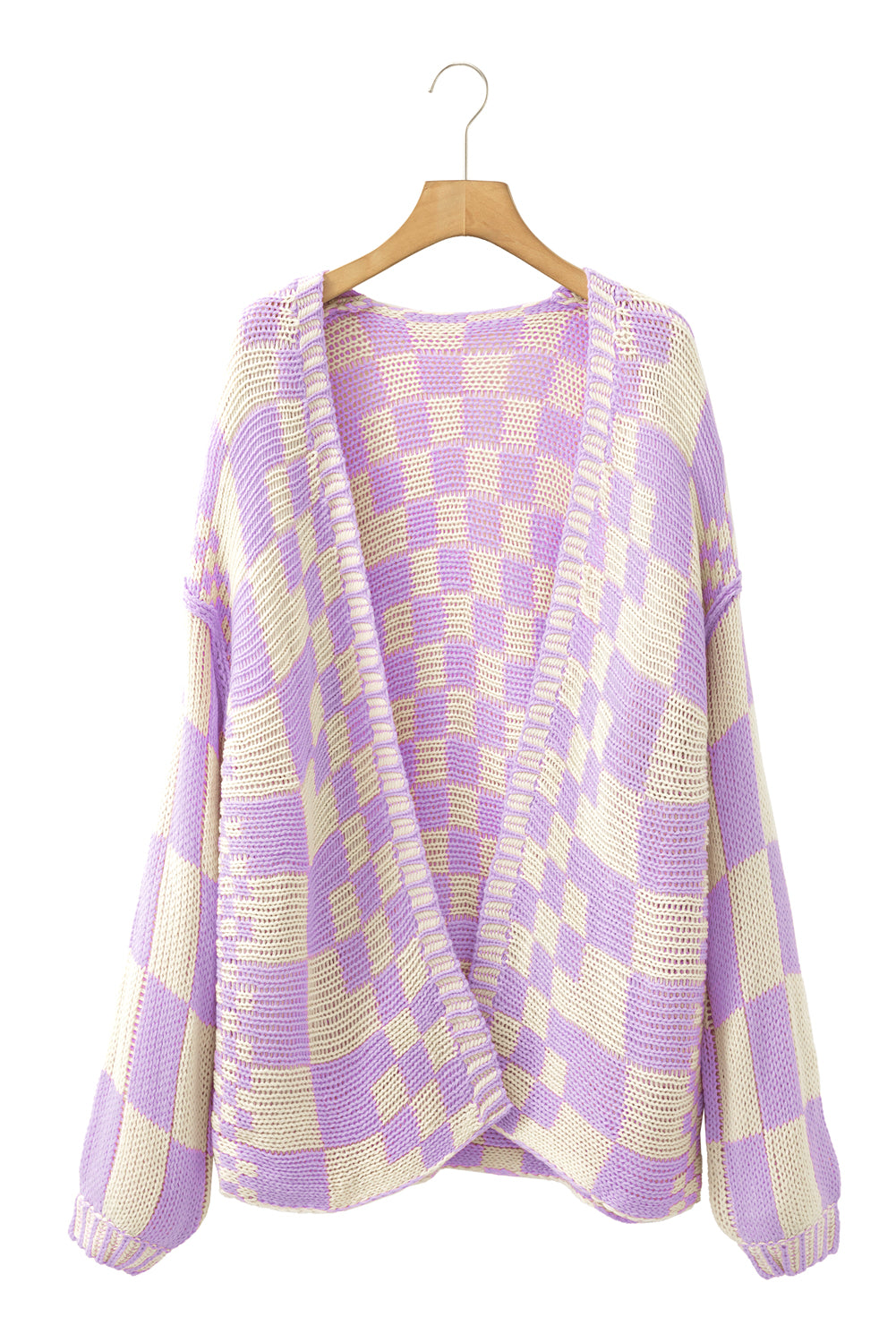 Dark Grey Colorblock Checked Loose Fit Open Front Knitted Cardigan