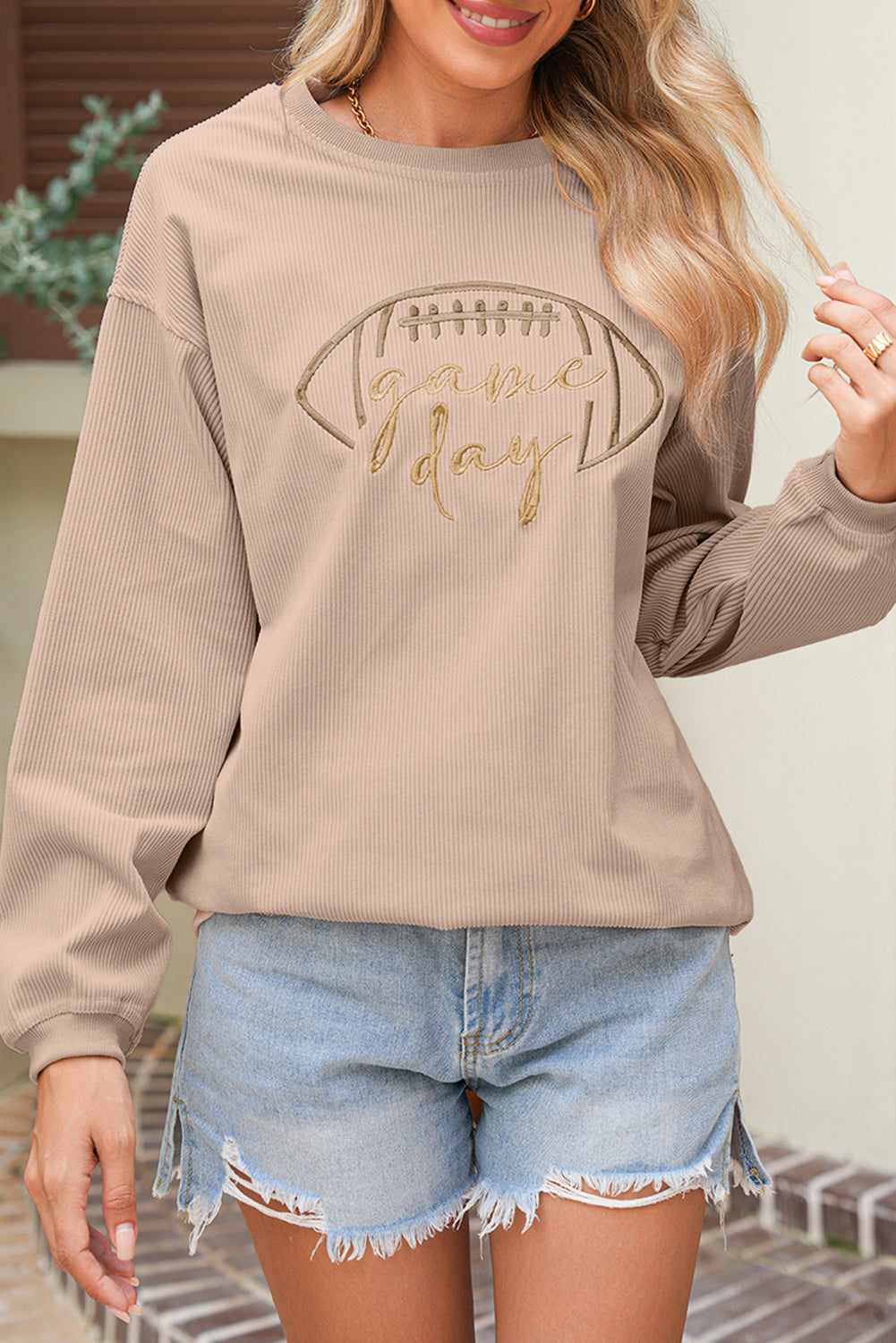 Orange Football Graphic Game Day Embroidered Corded Sweatshirt