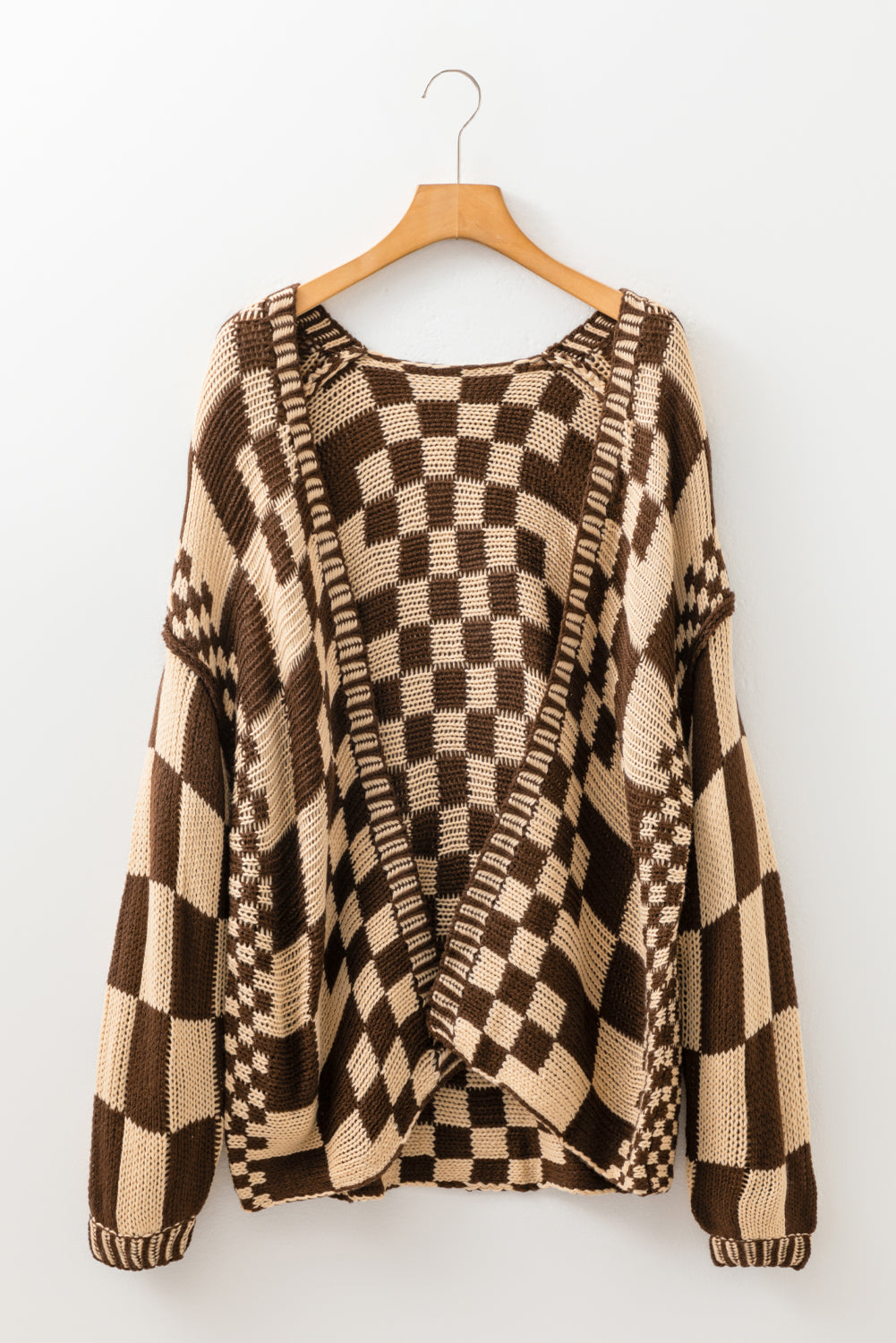 Dark Grey Colorblock Checked Loose Fit Open Front Knitted Cardigan
