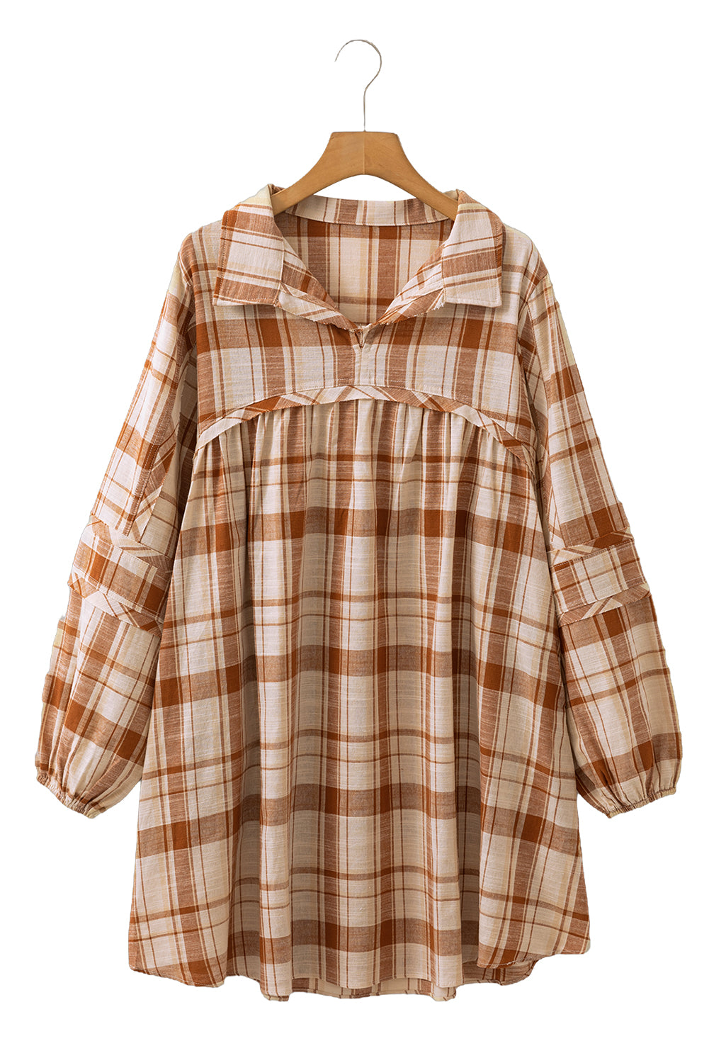 Brown Plaid Print Side Pockets Frill Babydoll Mini Dress