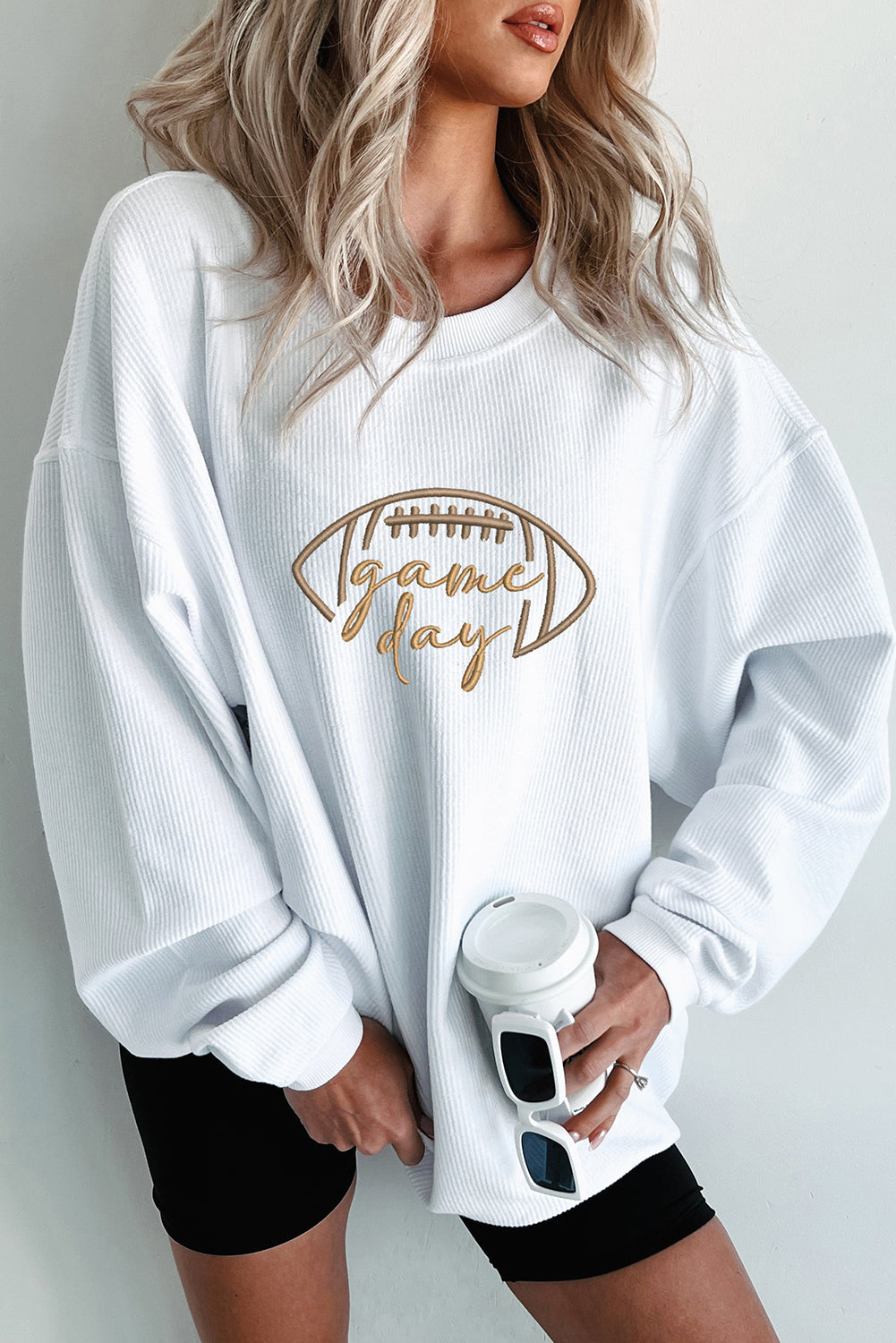 Orange Football Graphic Game Day Embroidered Corded Sweatshirt