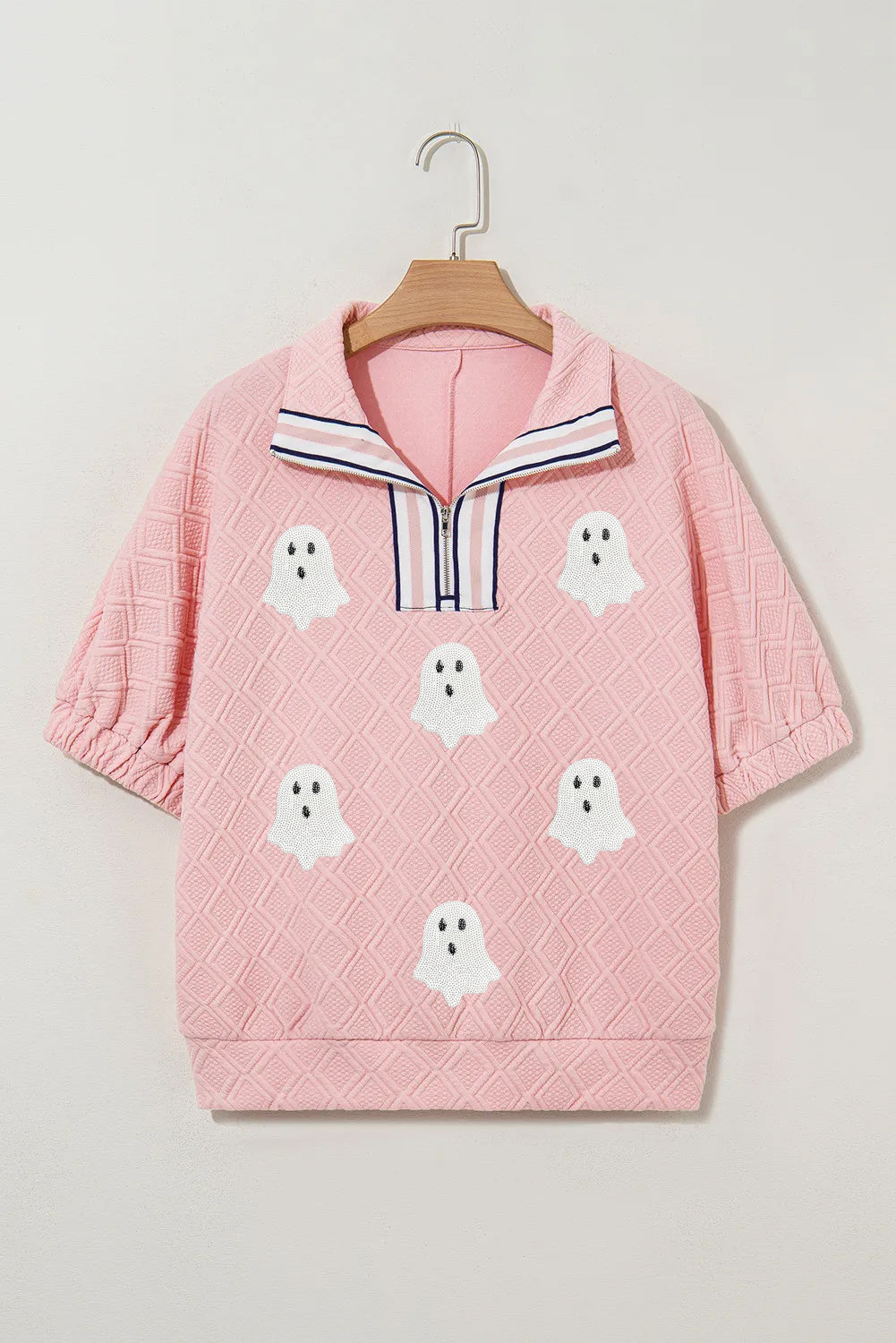 Light Pink Sequin Halloween Ghost Patch Application Graphic Top