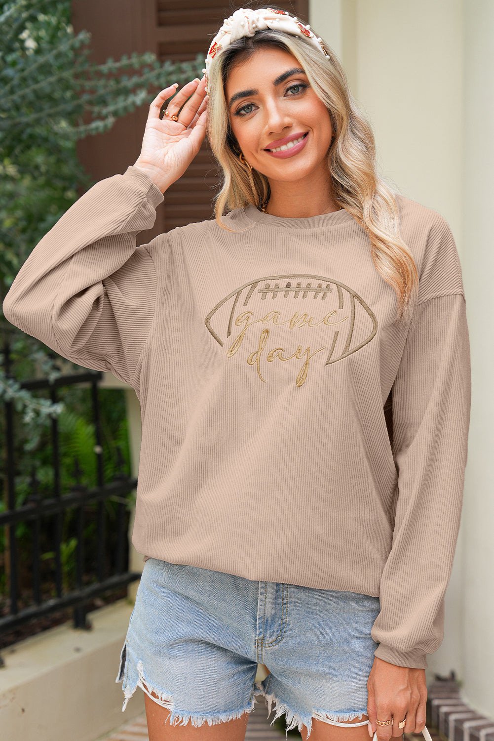 Orange Football Graphic Game Day Embroidered Corded Sweatshirt