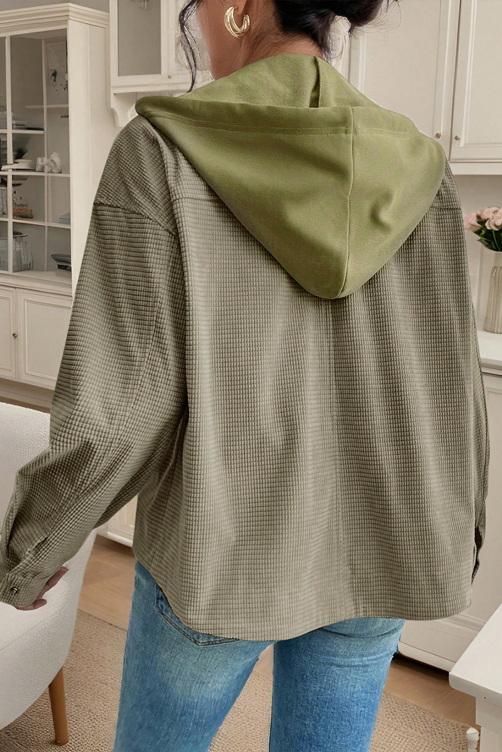 Laurel Green Solid Color Textured Patchwork Flap Pocket Shacket