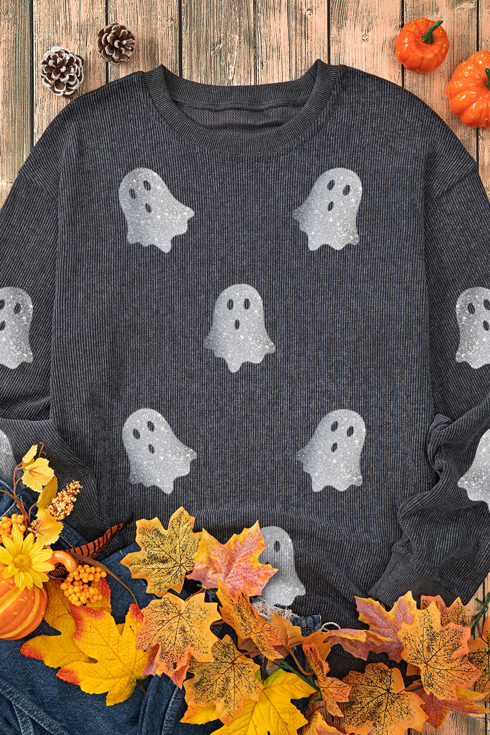 Gray Glitter Halloween Ghost Corded Crew Neck Loose Sweatshirt