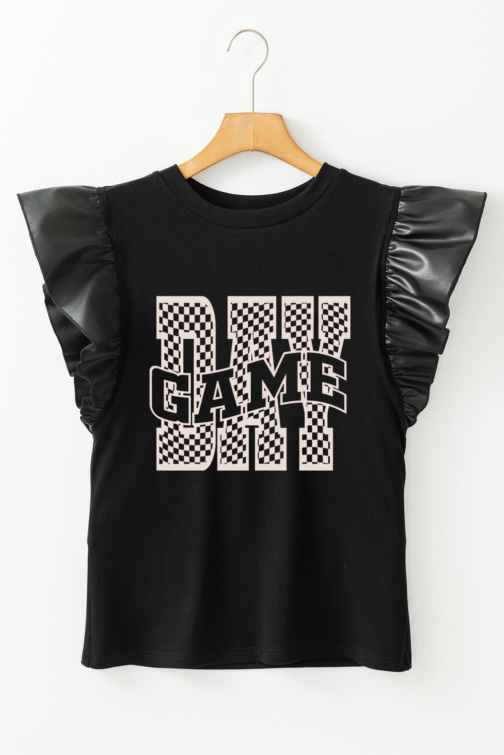 Black GAME DAY Checkered Letter Heat Transfer Printing Ruffle Sleeve Top