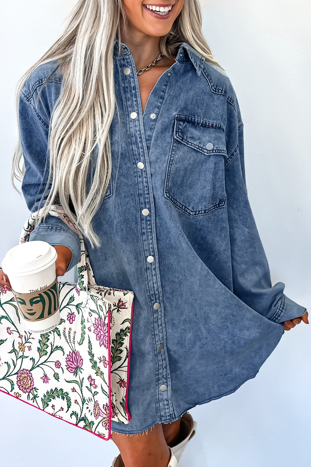 Medium Grey Chest Pocket Raw Hem Denim Loose Shirt Dress
