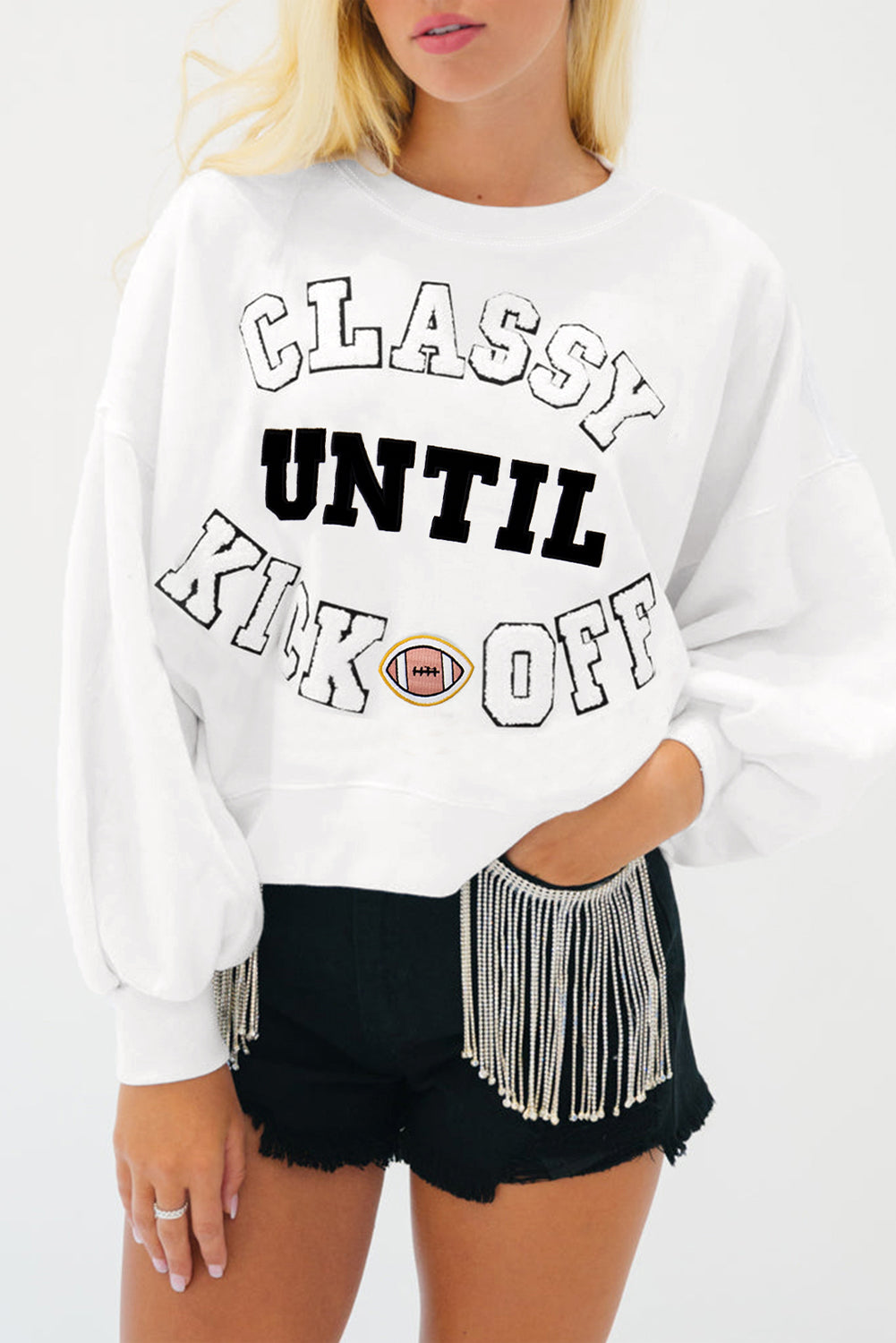 Navy Blue CLASSY UNTIL KICKOFF Letter Graphic Loose Sweatshirt