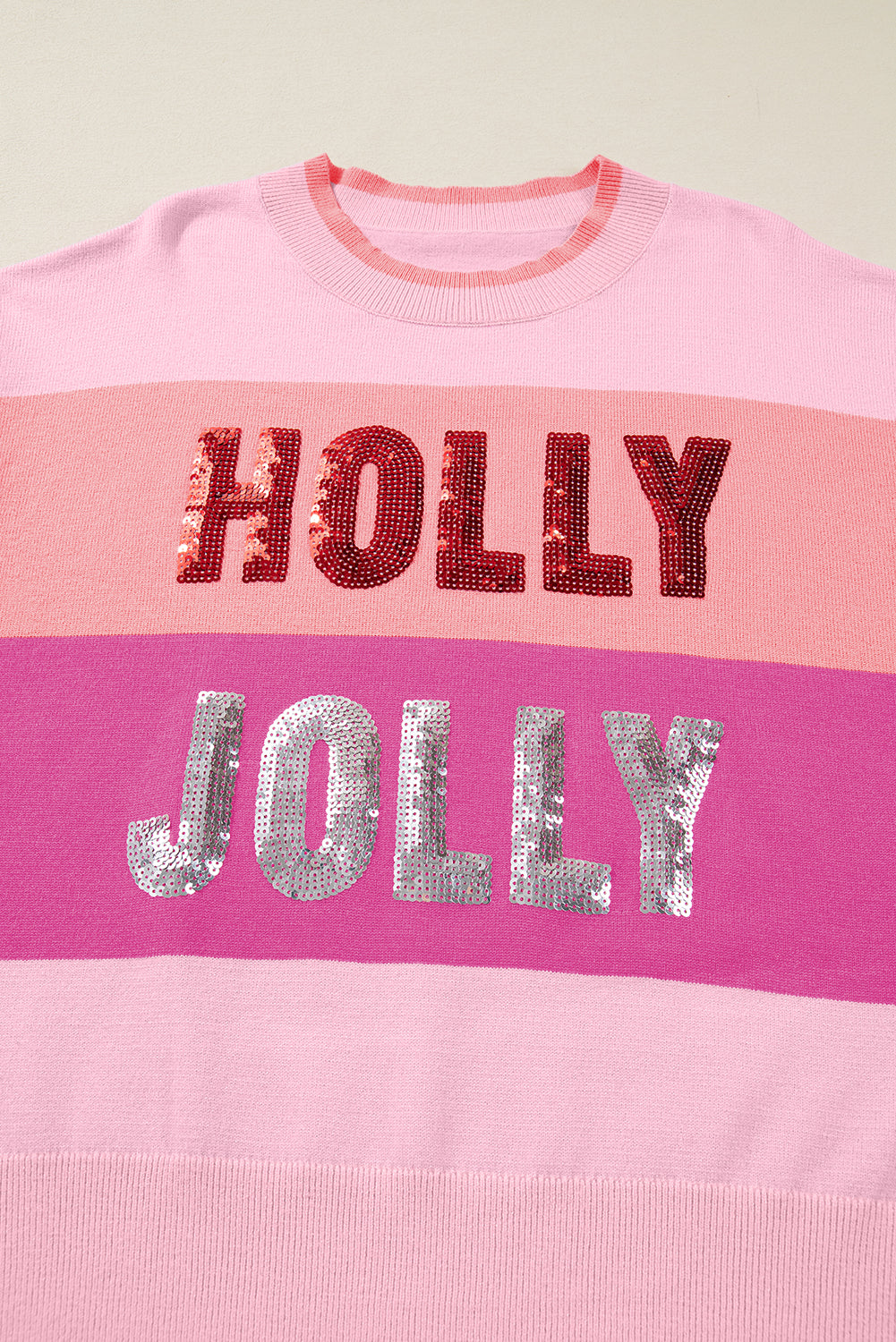 Pink HOLLY JOLLY Sequined Color Block Crew Neck Sweater