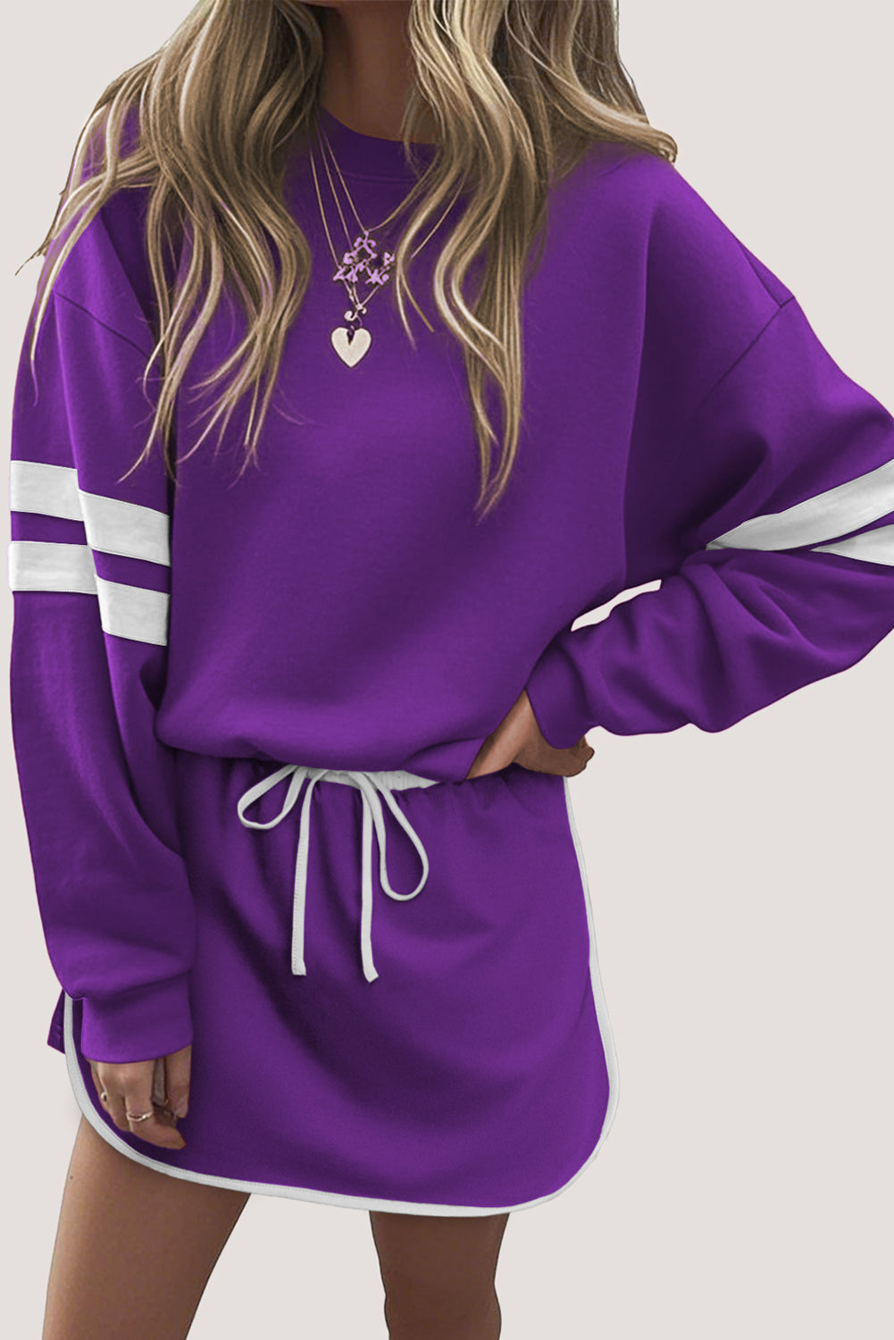 Orange Varsity Stripe Detail Drop Shoulder Pullover Mini Skirt Set