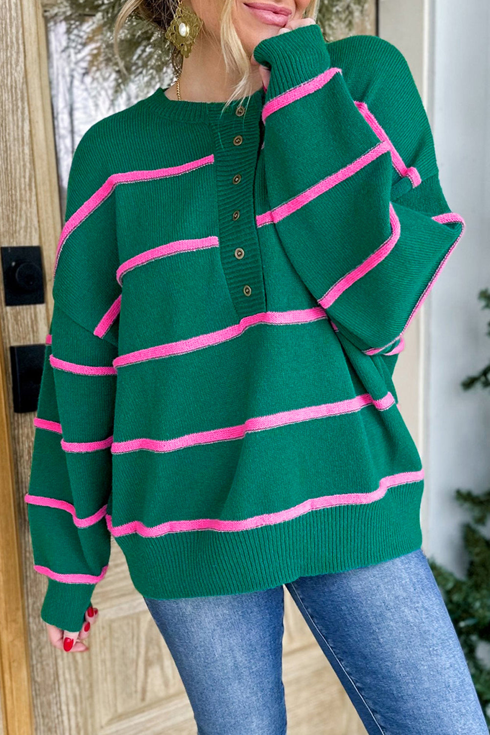 Green Striped Half Button Drop Shoulder Oversized Sweater