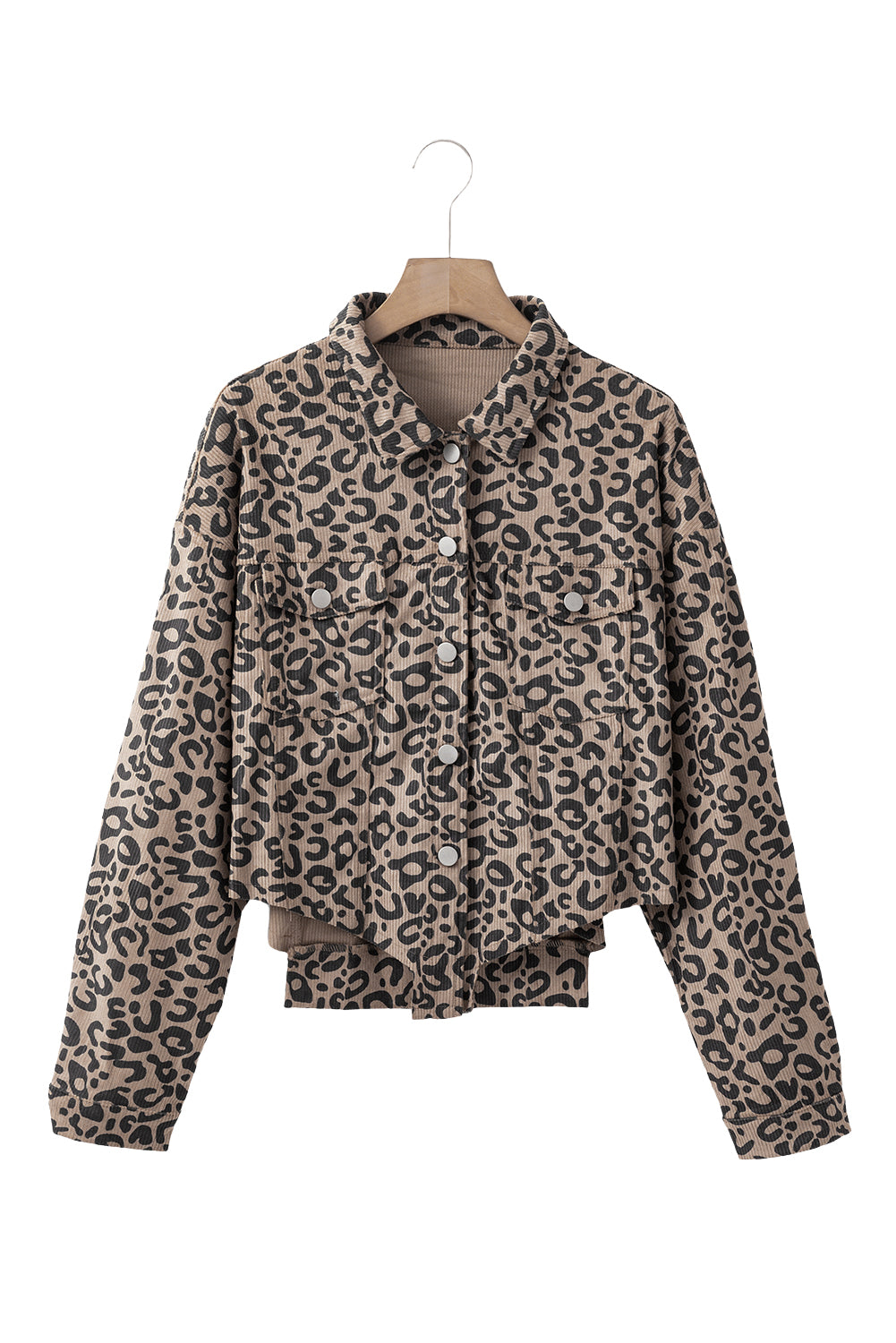 Dark Khaki Leopard Print Raw Hem Cropped Jacket