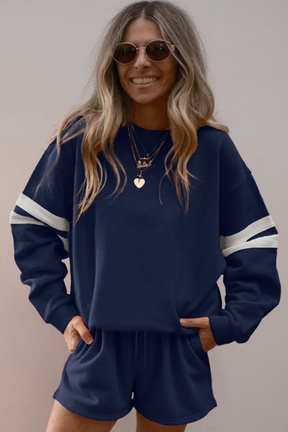 Fiery Red Varsity Striped Sleeve Drop Shoulder Sweatshirt and Shorts Set