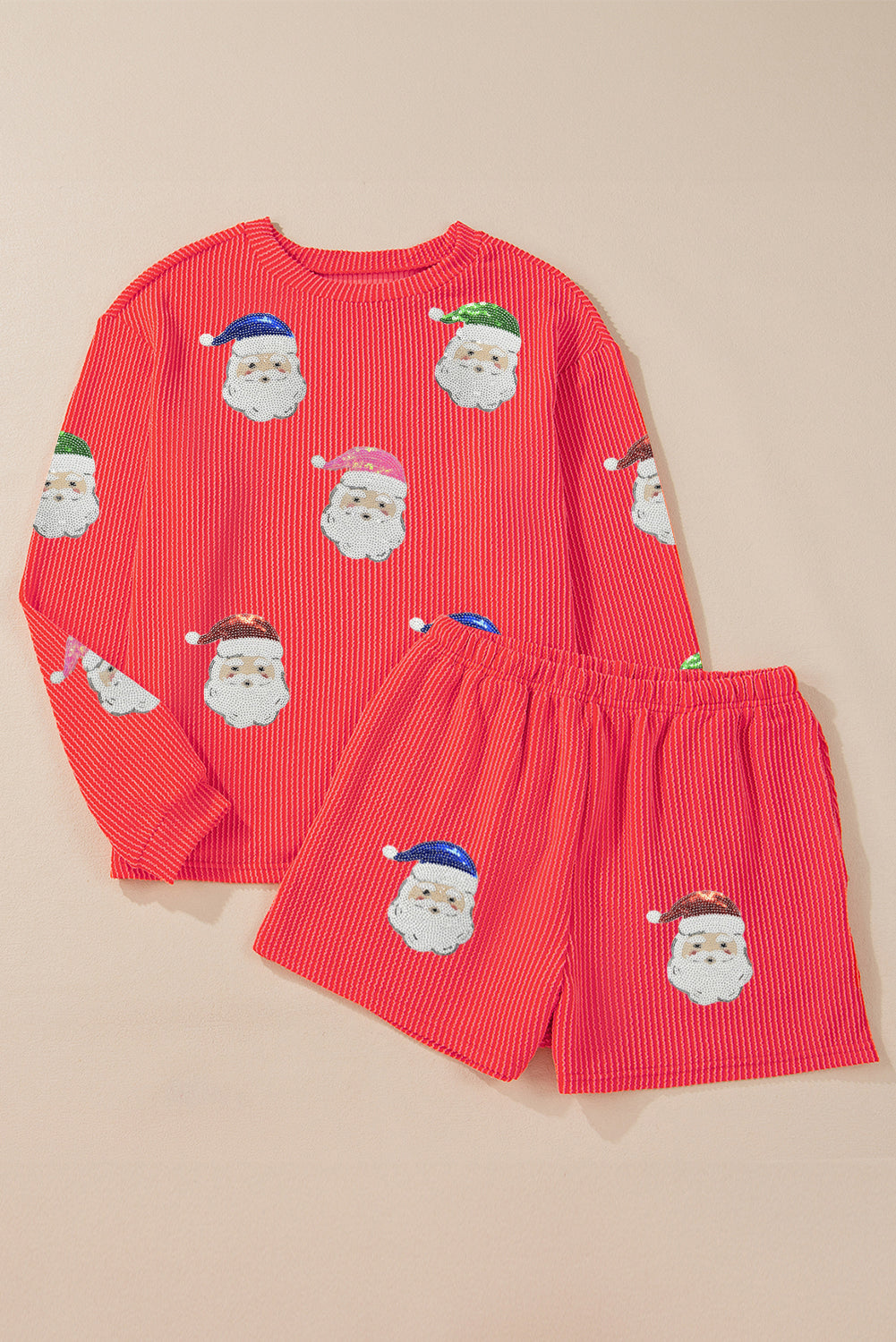 Gold Flame Twisted Ribbed Father Christmas Sequins Patch Long Sleeve Top and Shorts Set