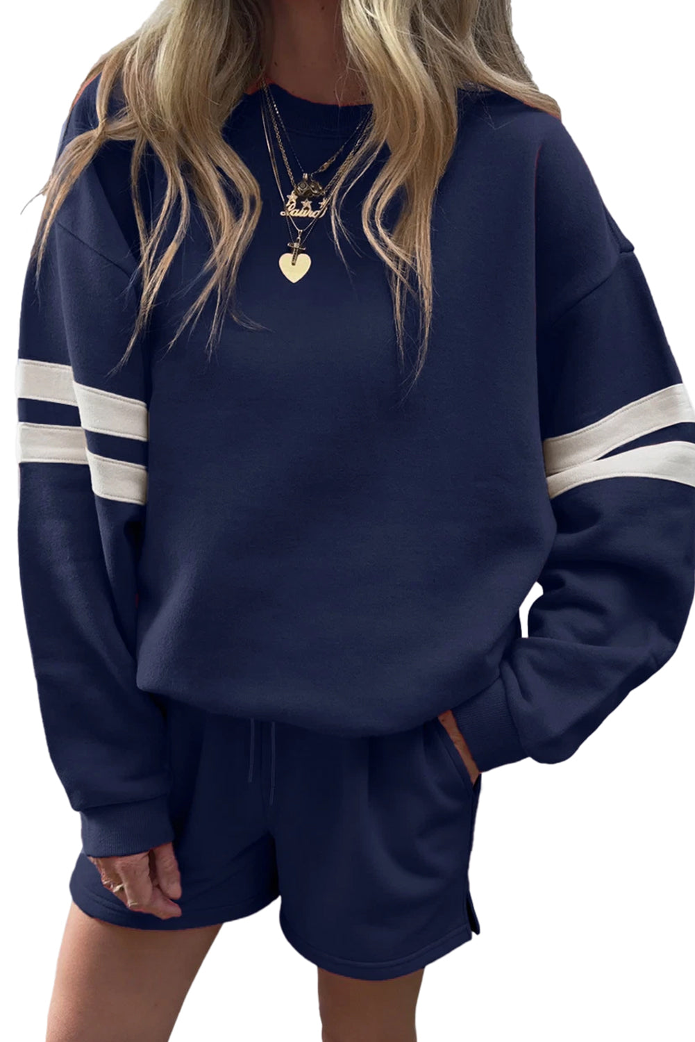 Fiery Red Varsity Striped Sleeve Drop Shoulder Sweatshirt and Shorts Set