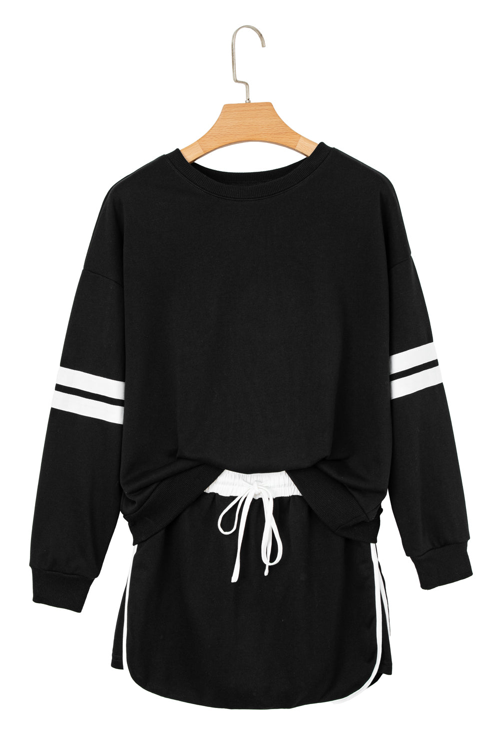 Orange Varsity Stripe Detail Drop Shoulder Pullover Mini Skirt Set