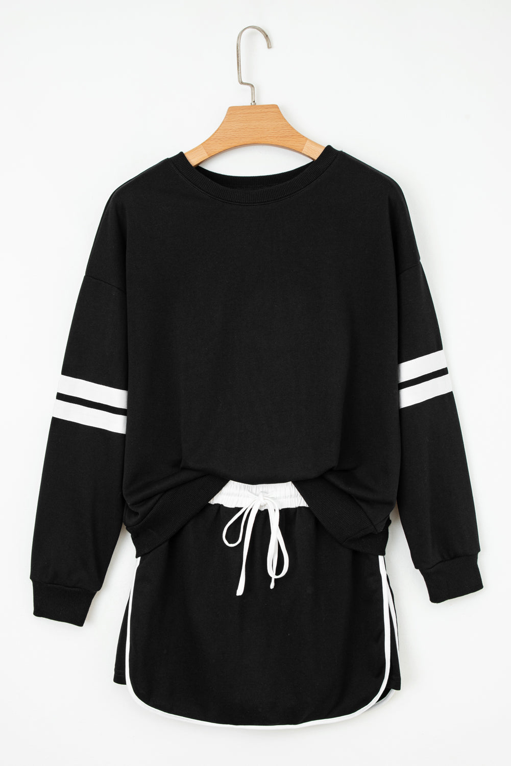 Orange Varsity Stripe Detail Drop Shoulder Pullover Mini Skirt Set