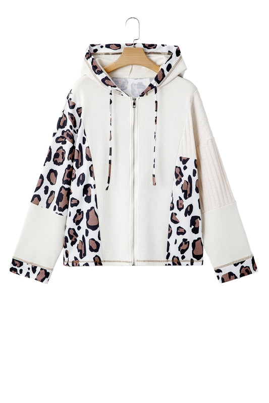 Apricot Leopard Mixed Texture Patchwork Zip Up Drop Shoulder Hoodie