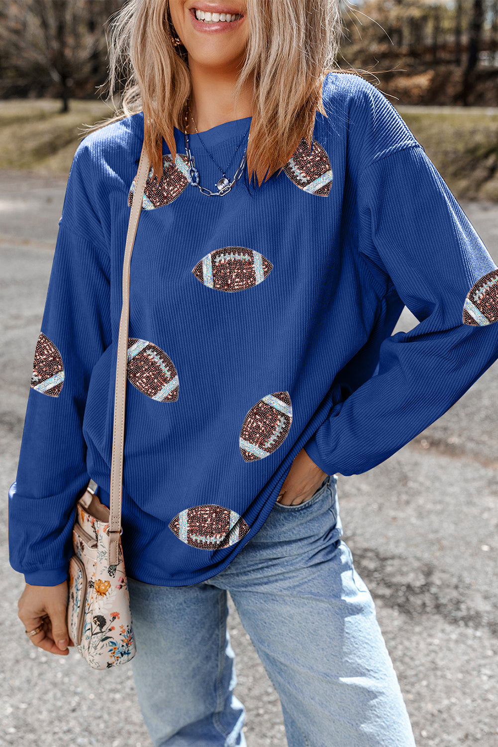 Dark Blue Ribbed Texture Football Sequins Patch Sweatshirt
