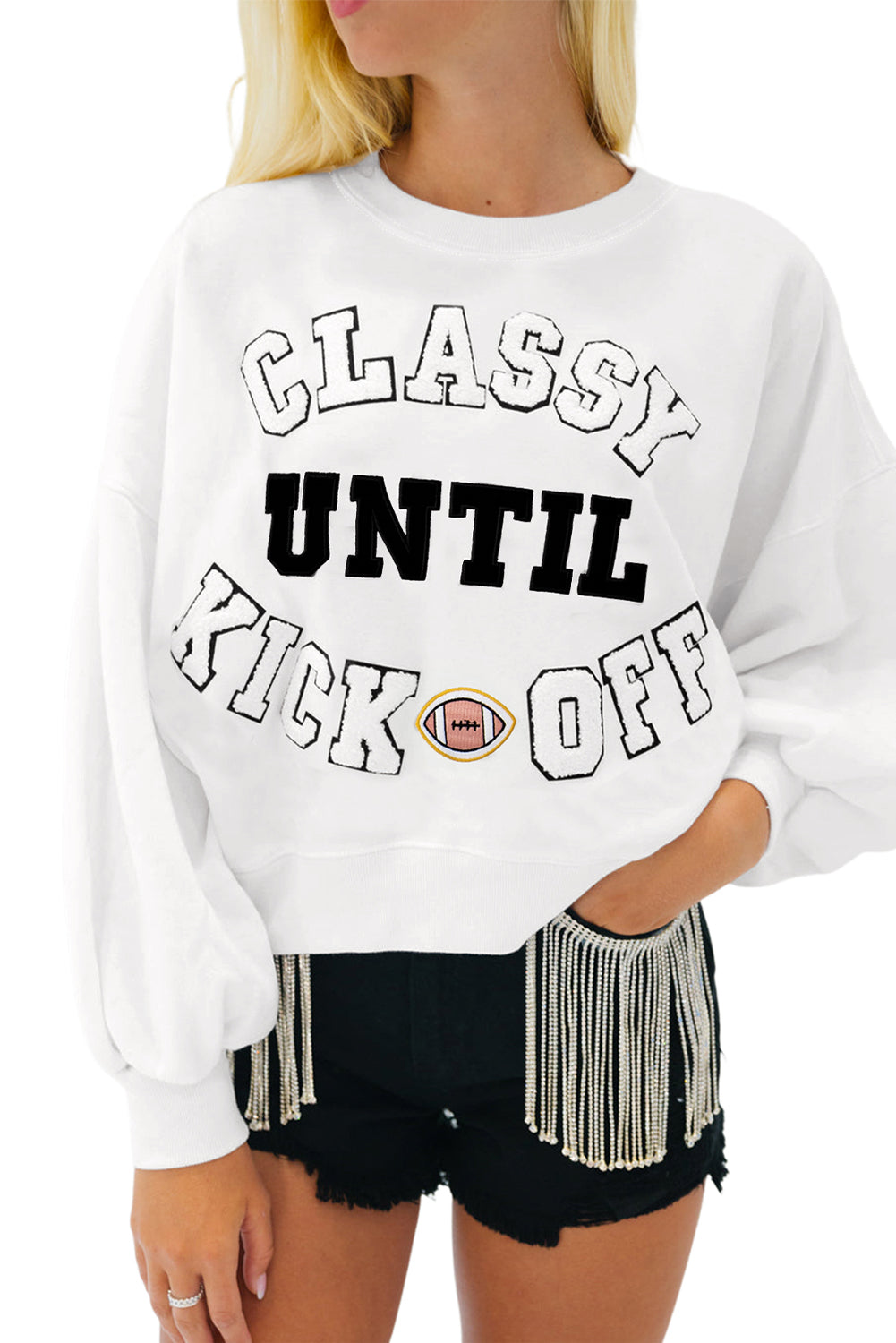 Navy Blue CLASSY UNTIL KICKOFF Letter Graphic Loose Sweatshirt