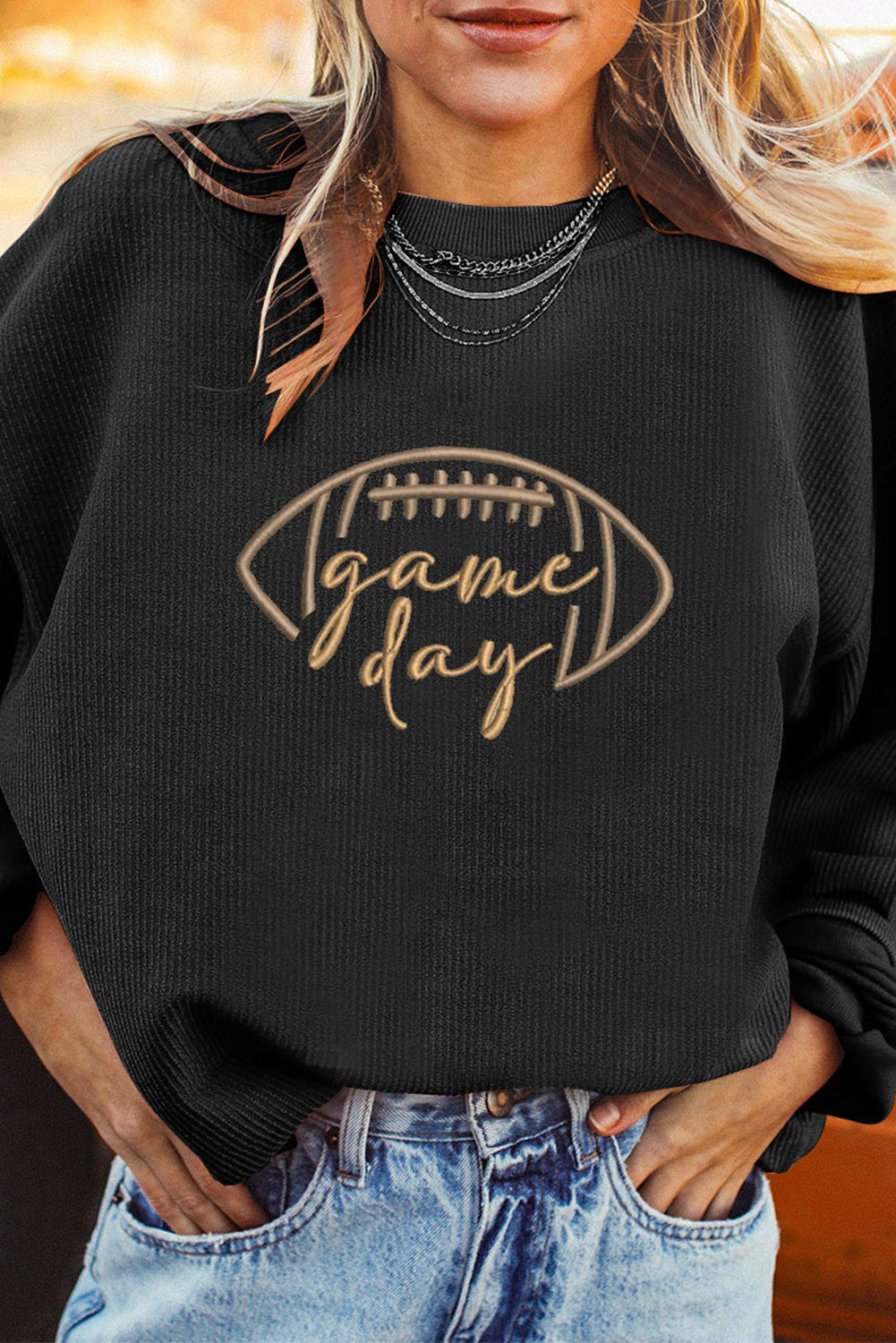 Orange Football Graphic Game Day Embroidered Corded Sweatshirt