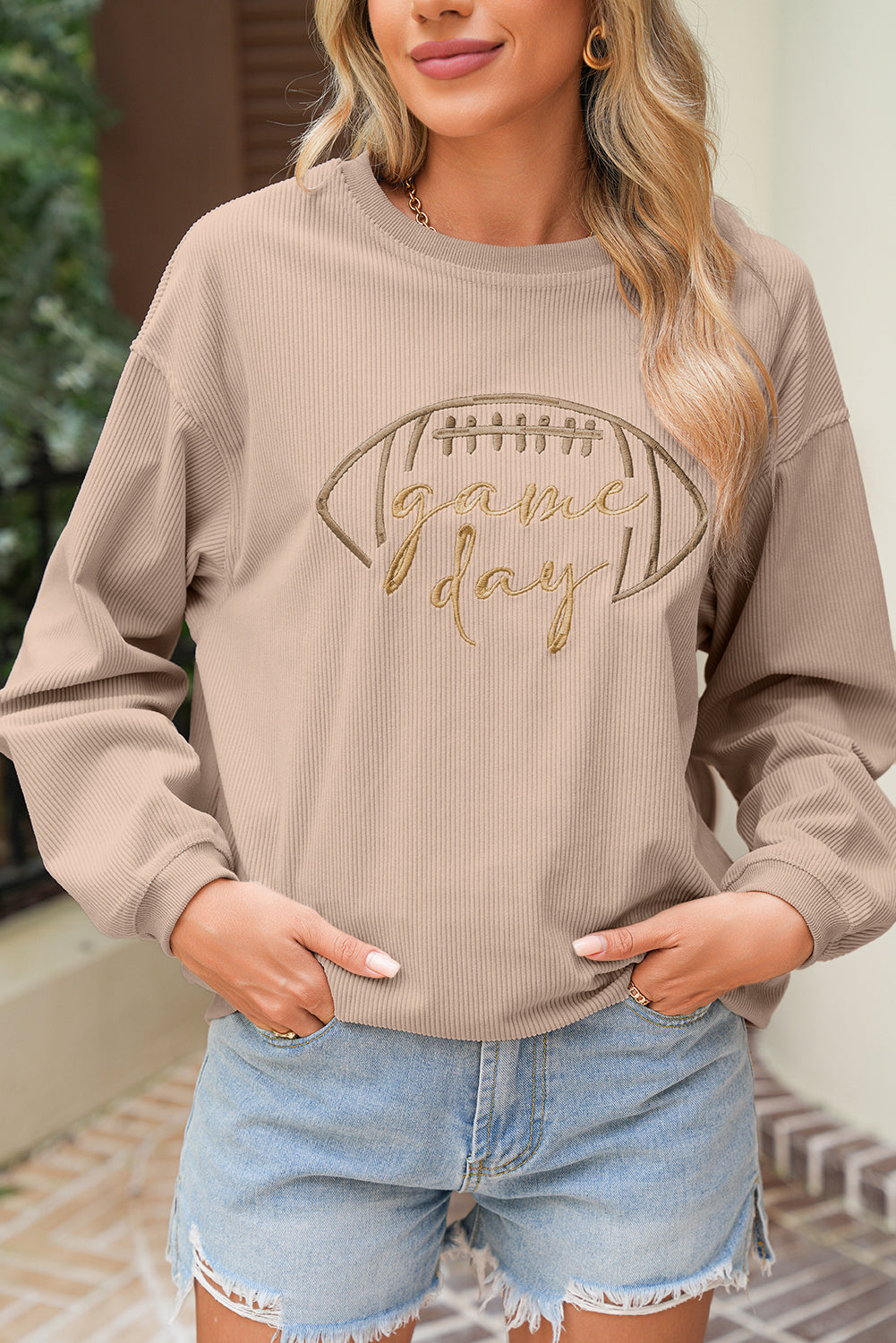 Orange Football Graphic Game Day Embroidered Corded Sweatshirt