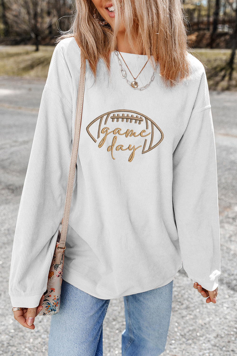 Orange Football Graphic Game Day Embroidered Corded Sweatshirt