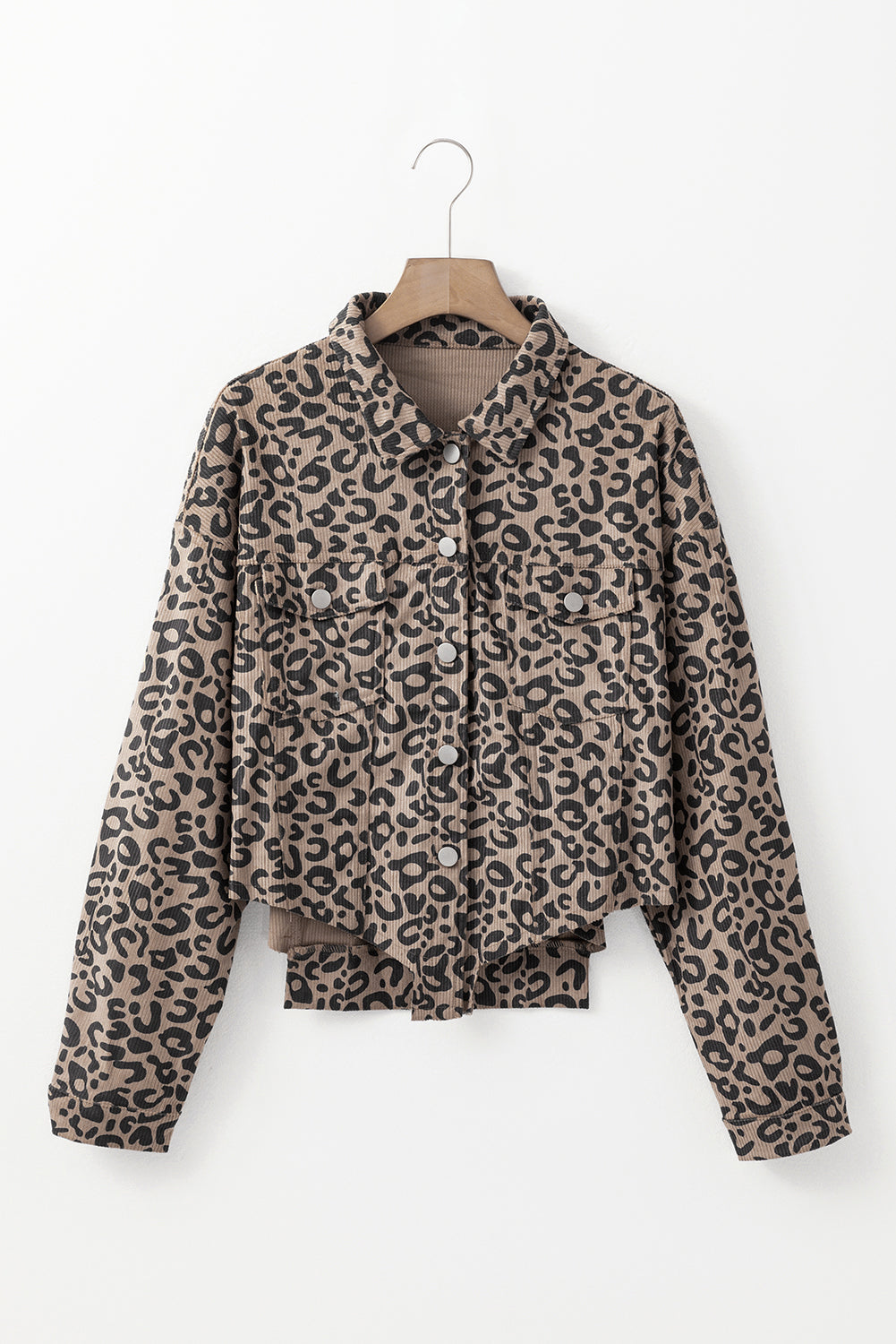 Dark Khaki Leopard Print Raw Hem Cropped Jacket