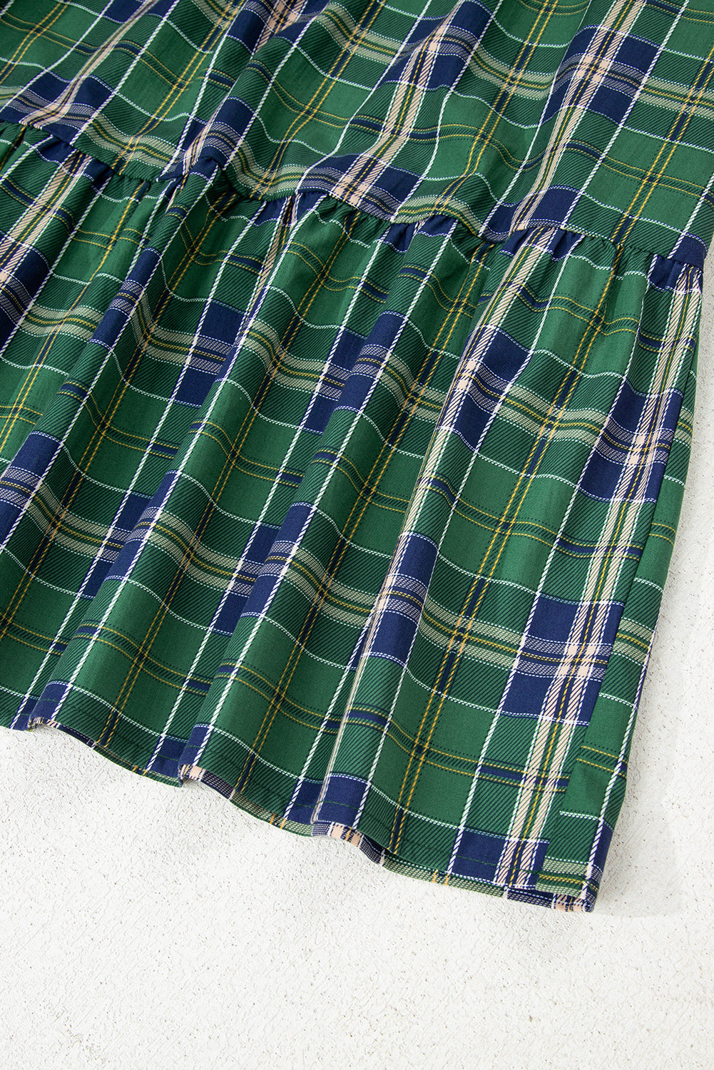 Green Plaid Print Frill Neck Long Sleeve Mini Dress