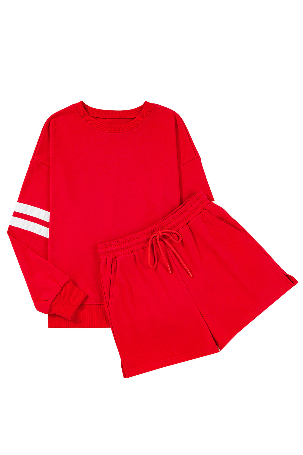 Fiery Red Varsity Striped Sleeve Drop Shoulder Sweatshirt and Shorts Set