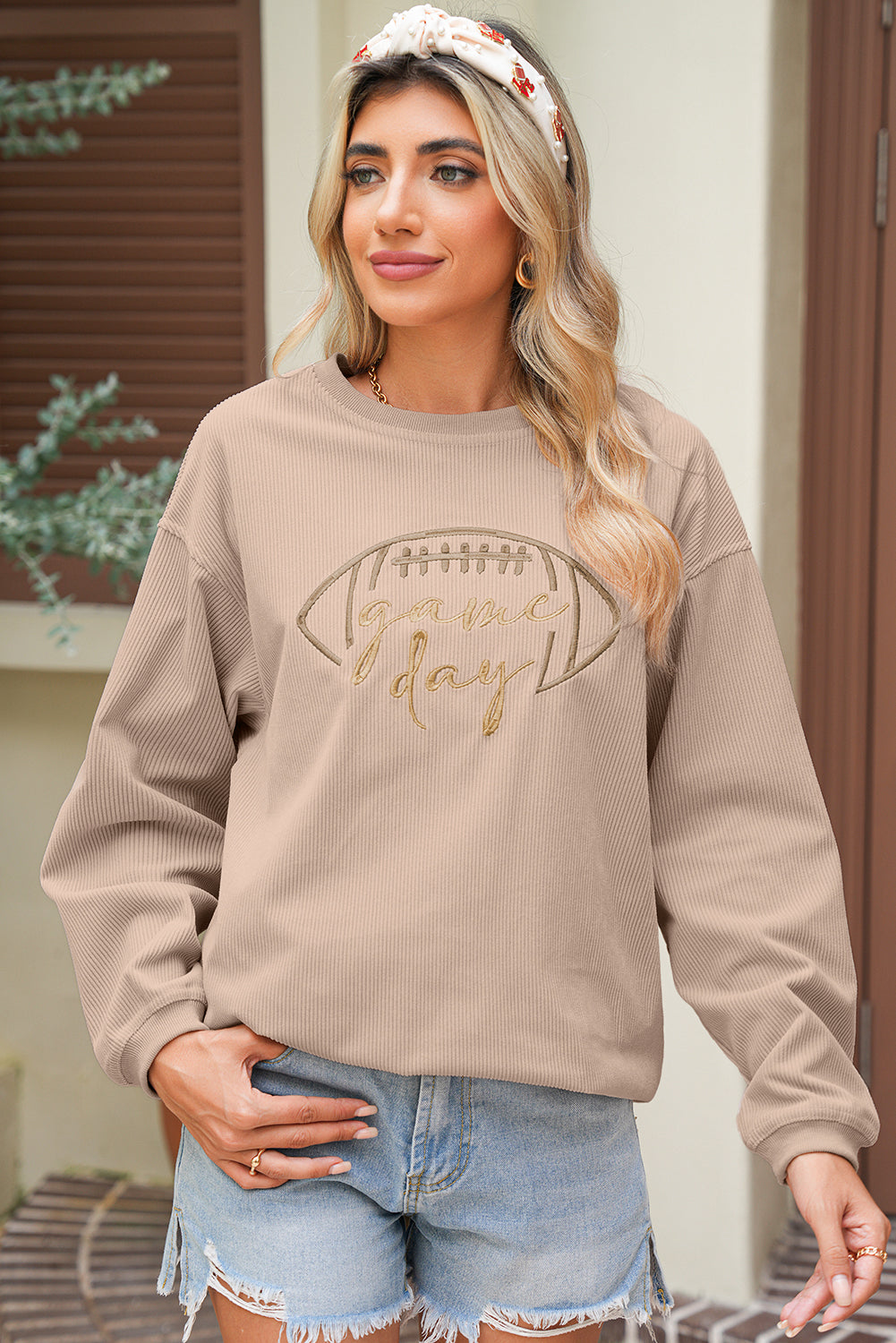 Orange Football Graphic Game Day Embroidered Corded Sweatshirt