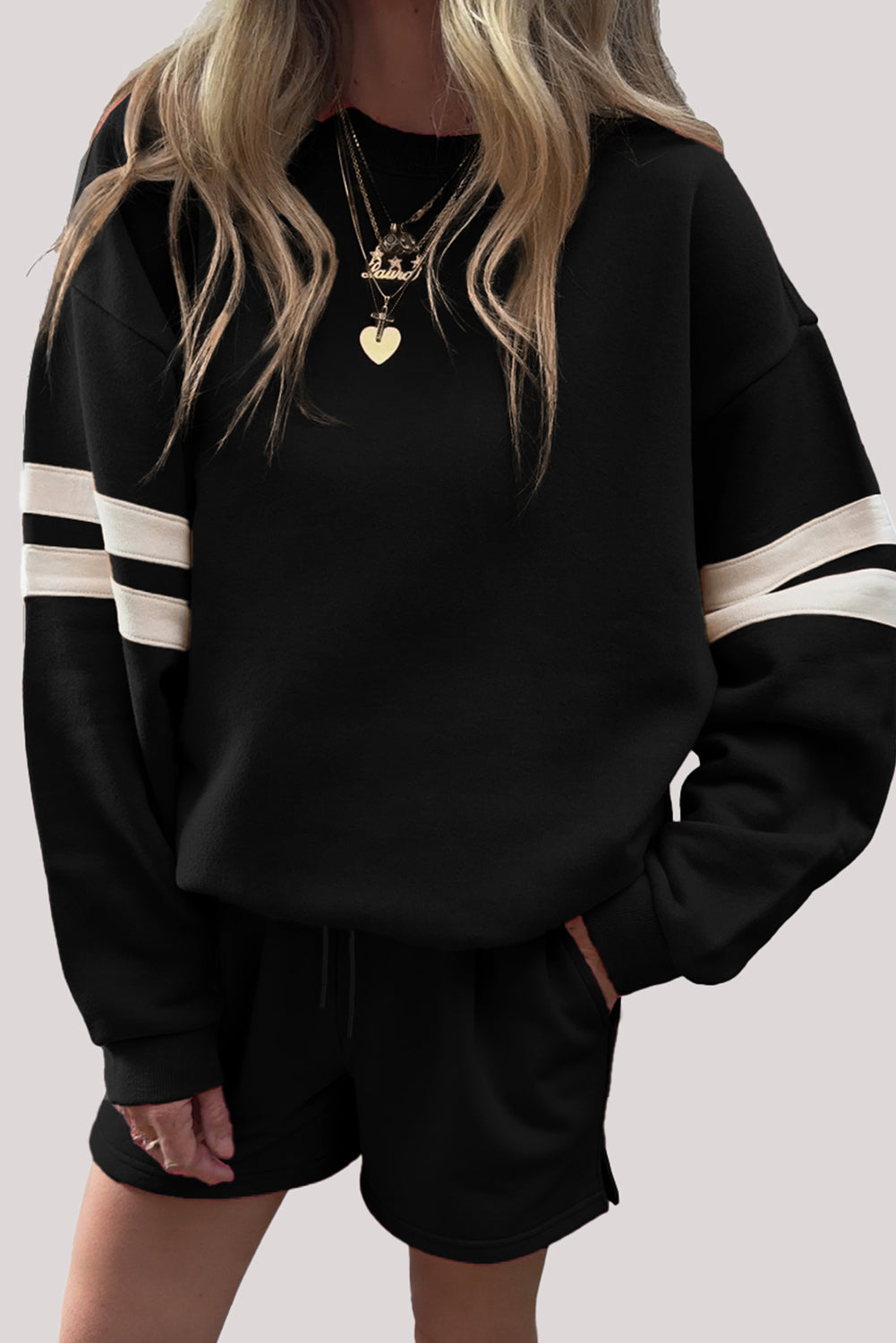 Fiery Red Varsity Striped Sleeve Drop Shoulder Sweatshirt and Shorts Set