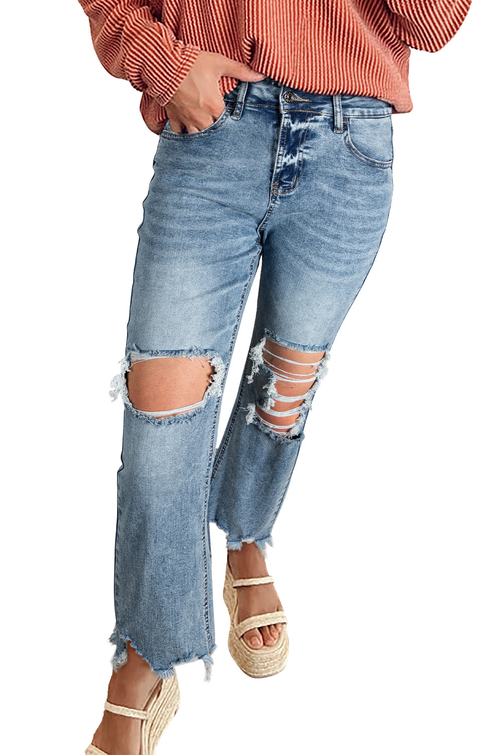 Myosotis Raw Hem Ripped Open Knee Vintage Jeans