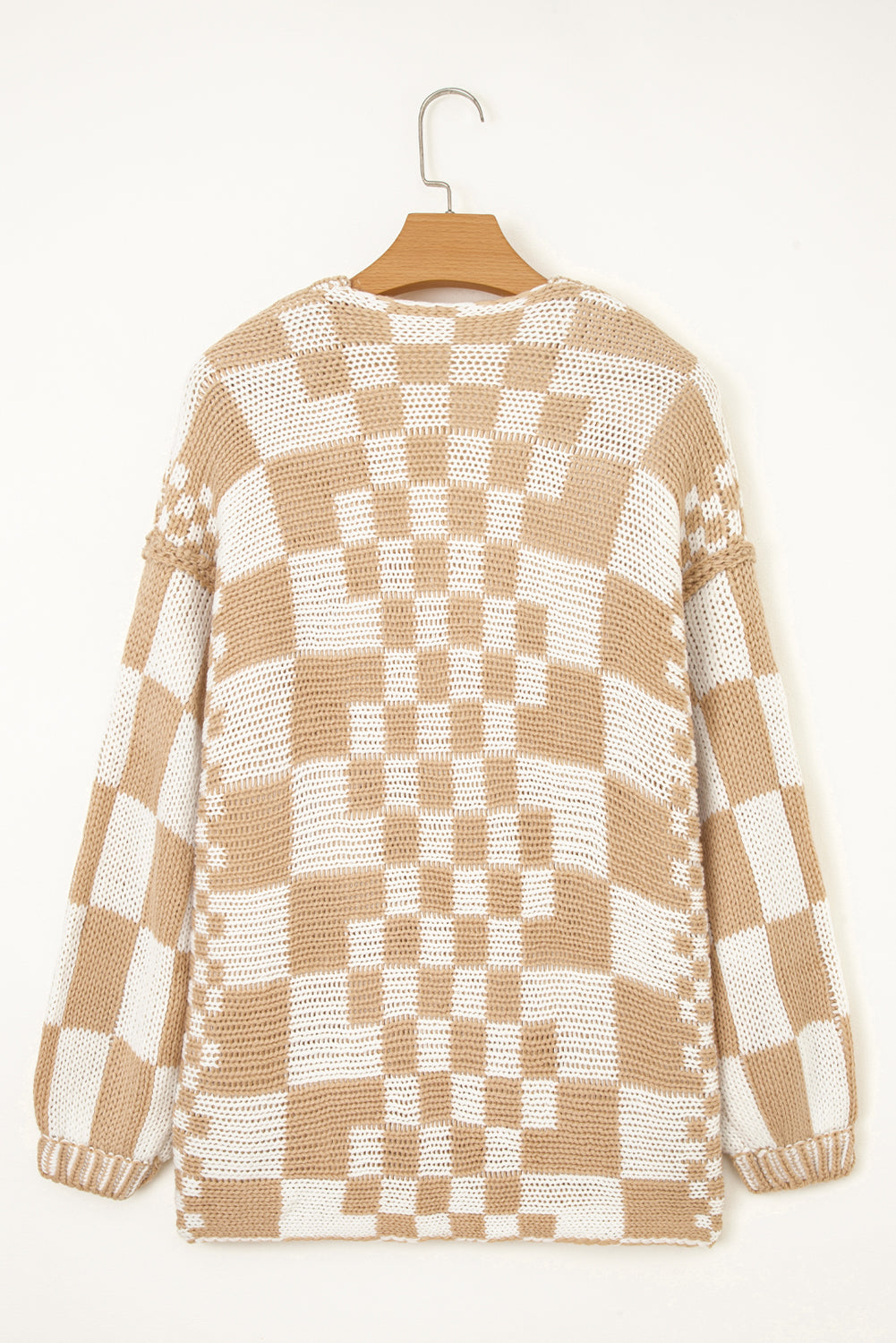 Dark Grey Colorblock Checked Loose Fit Open Front Knitted Cardigan