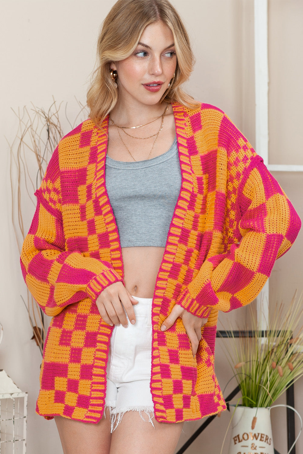 Dark Grey Colorblock Checked Loose Fit Open Front Knitted Cardigan