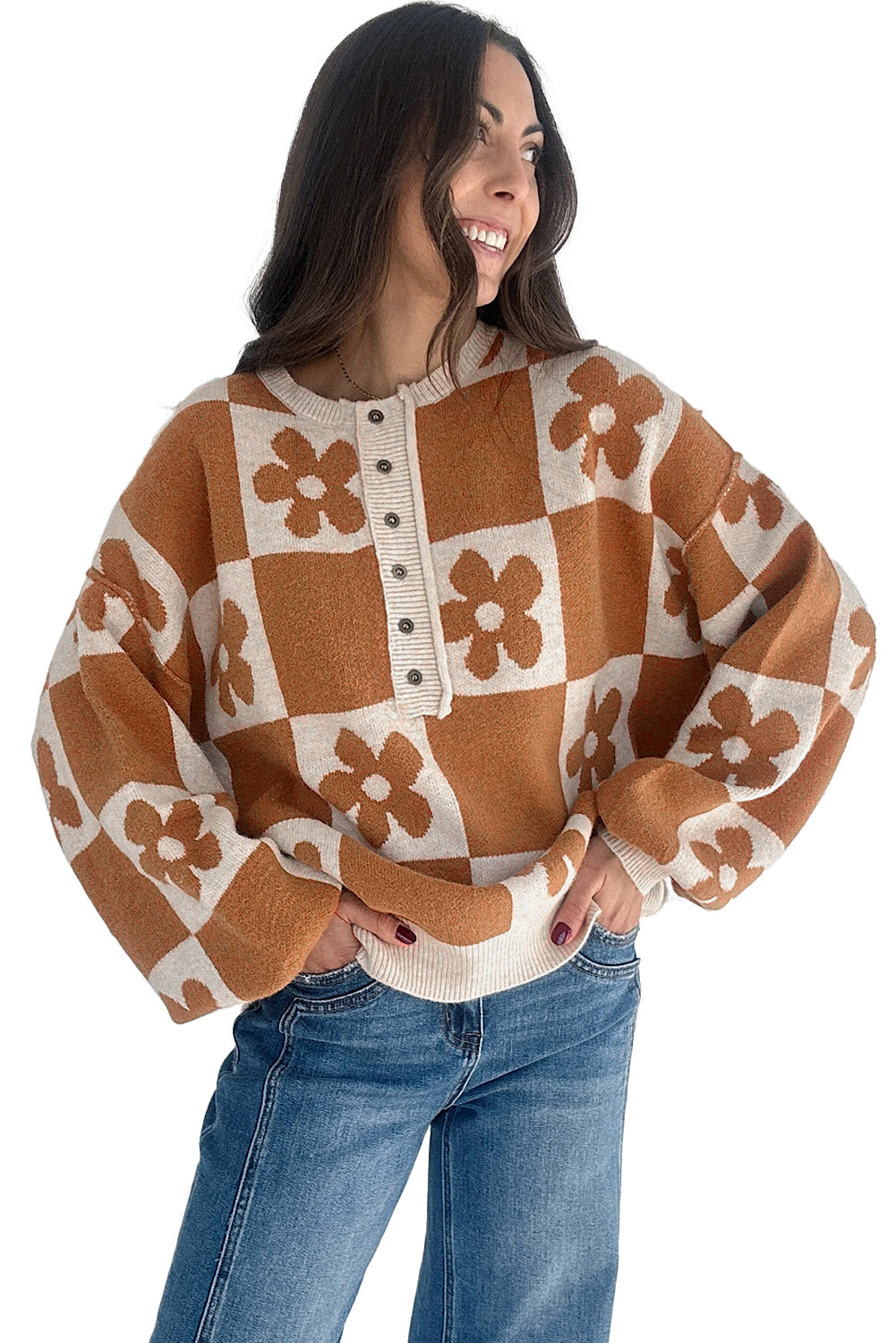 Thai Curry Flower Colorblock Checkered Henley Sweater