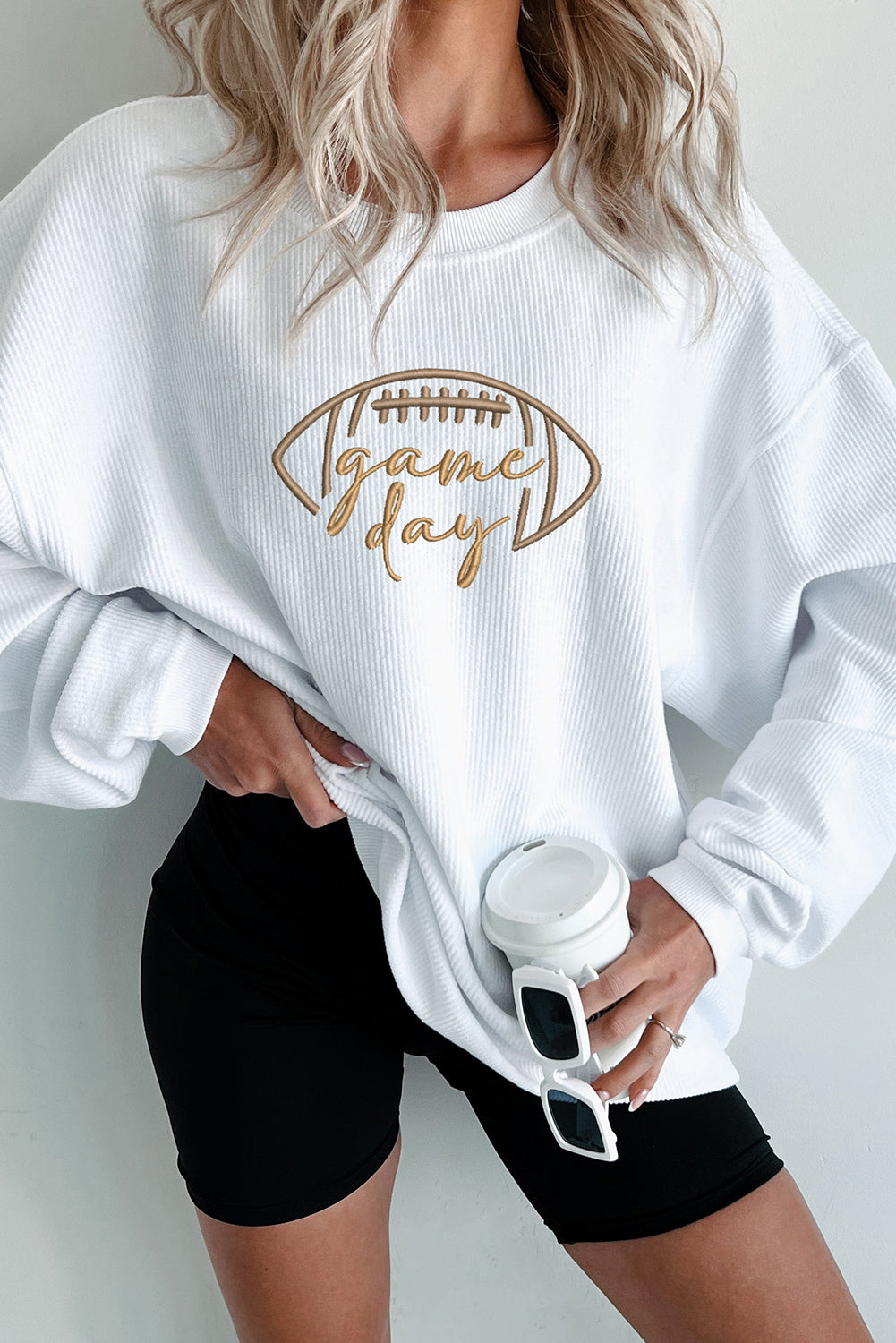 Orange Football Graphic Game Day Embroidered Corded Sweatshirt