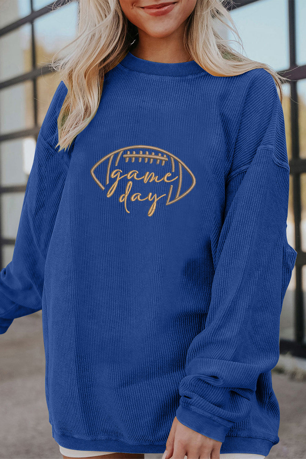 Orange Football Graphic Game Day Embroidered Corded Sweatshirt